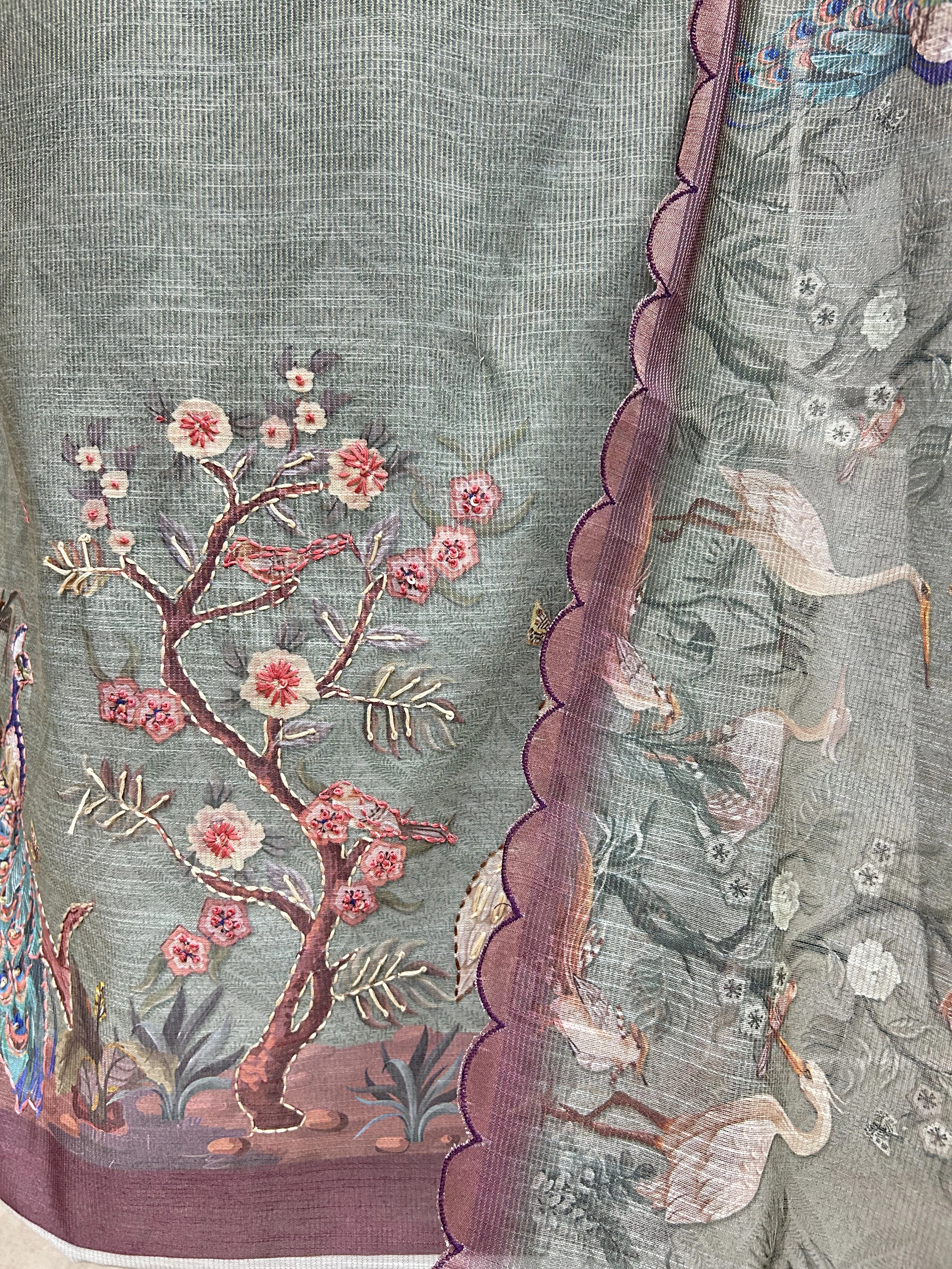 Kantha Work Flamingo Print Jamdani Linen Unstitched Suit Set