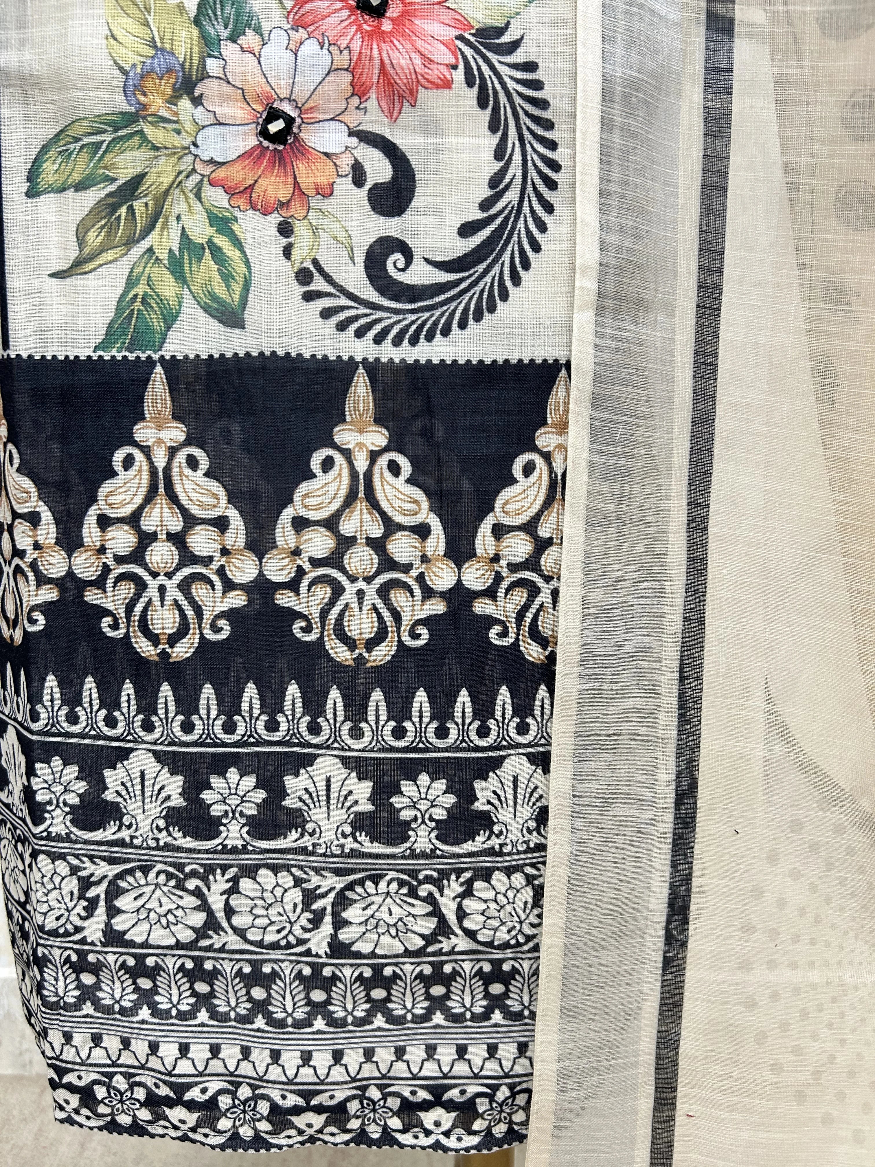 Printed Jamdani Linen Unstitched Suit Set