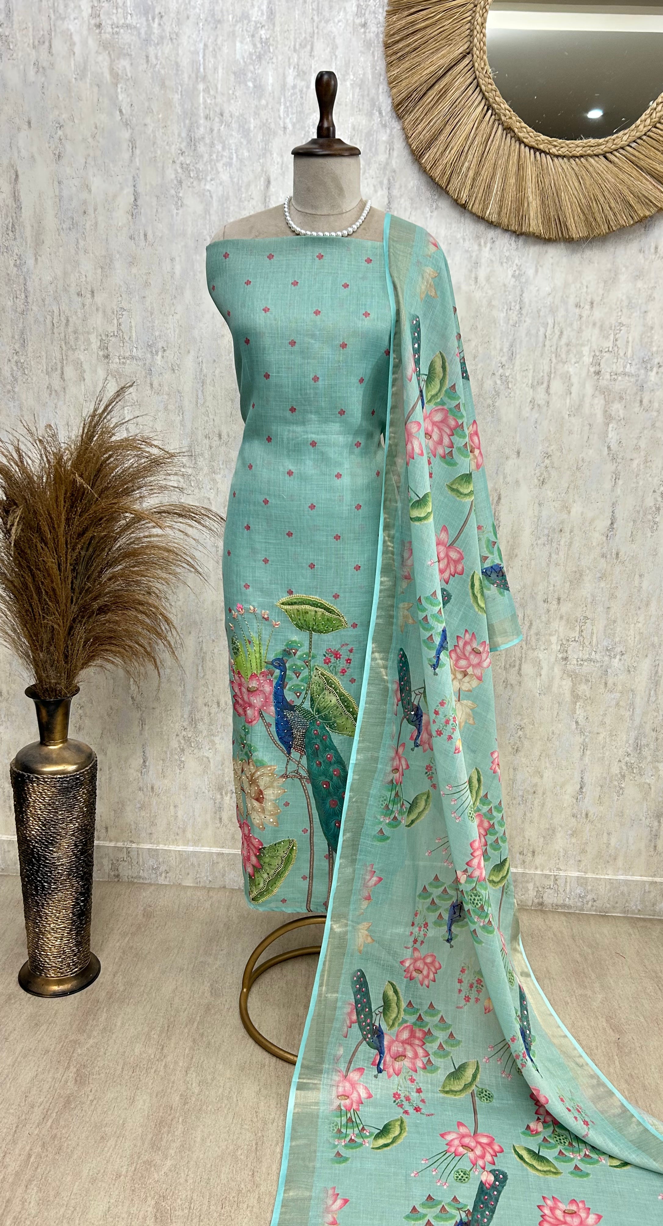 Peacock Print Jamdani Linen Unstitched Suit Set
