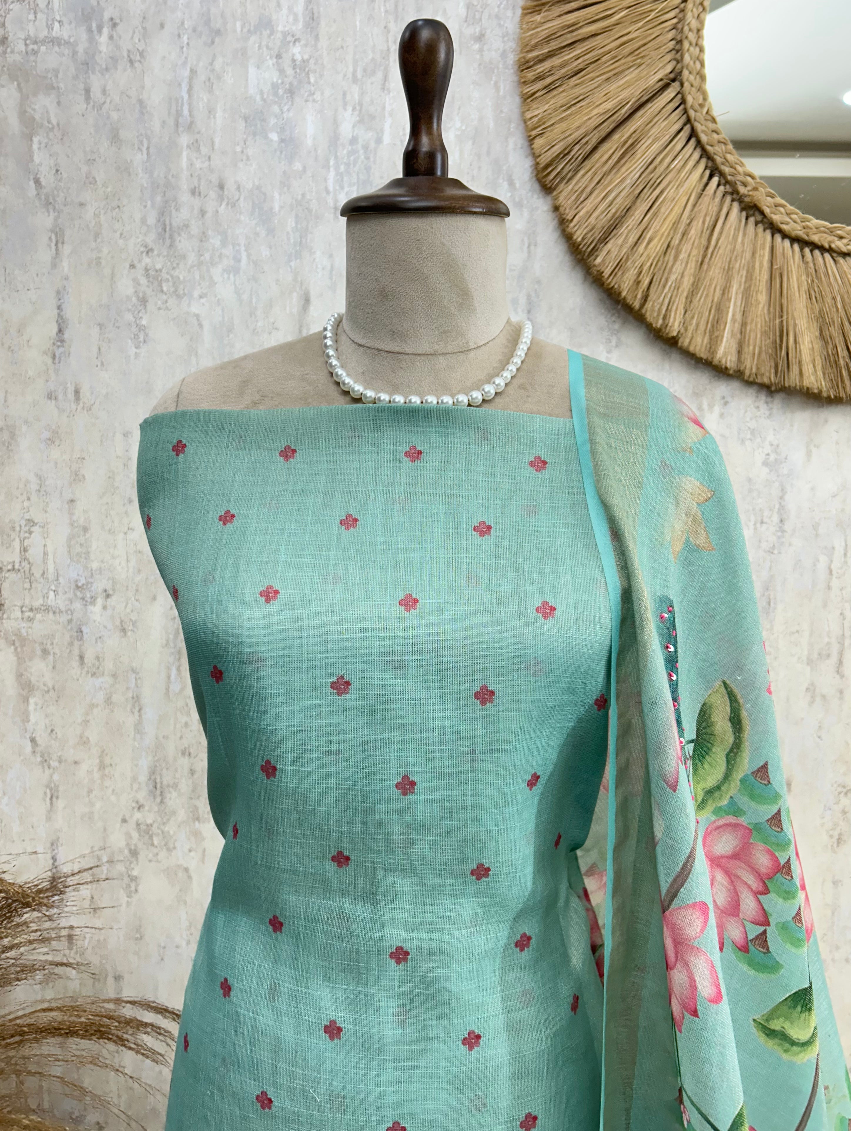 Peacock Print Jamdani Linen Unstitched Suit Set