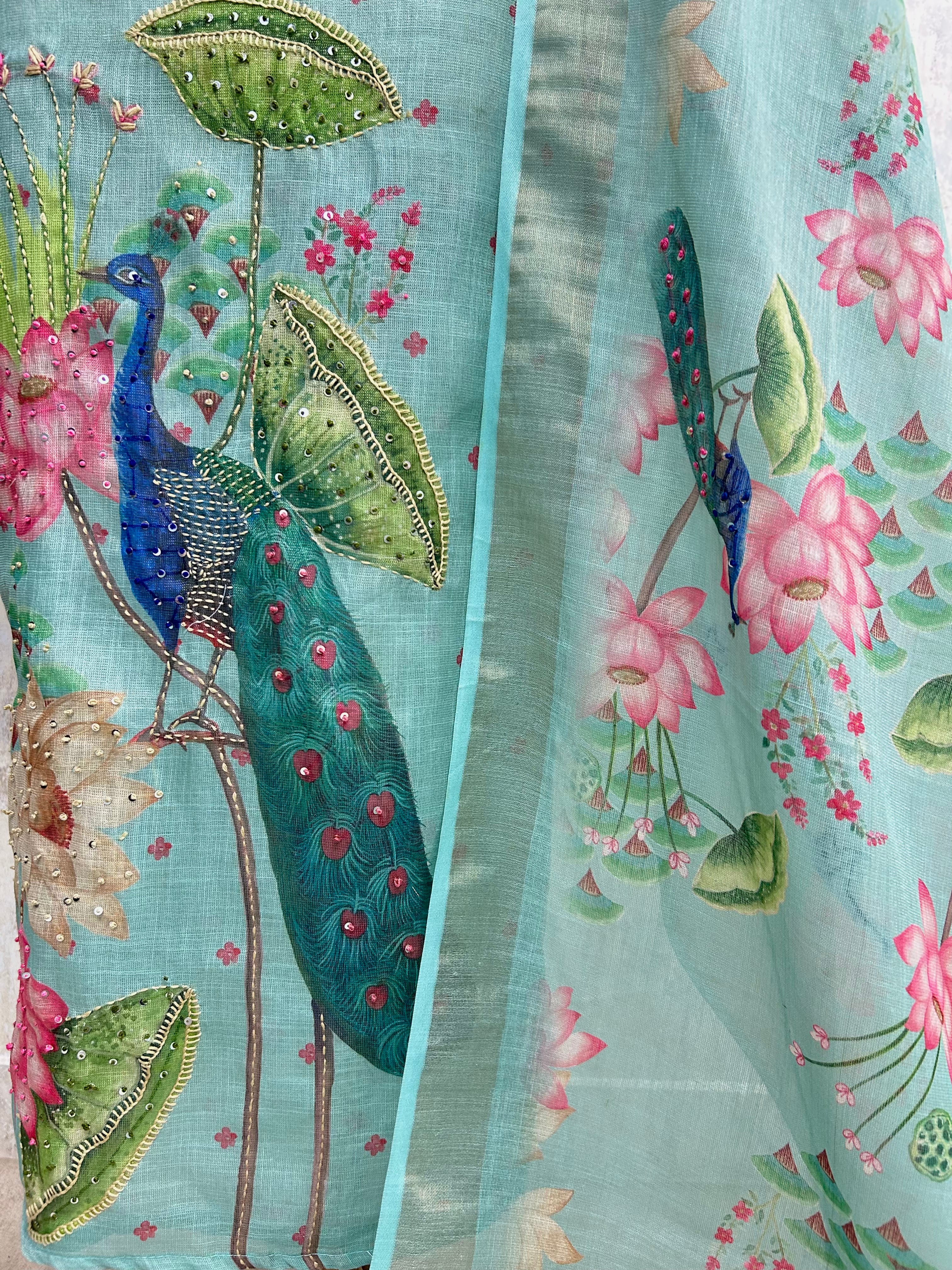 Peacock Print Jamdani Linen Unstitched Suit Set