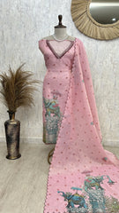 Kantha Work Elephant Print Jamdani Linen Unstitched Suit Set