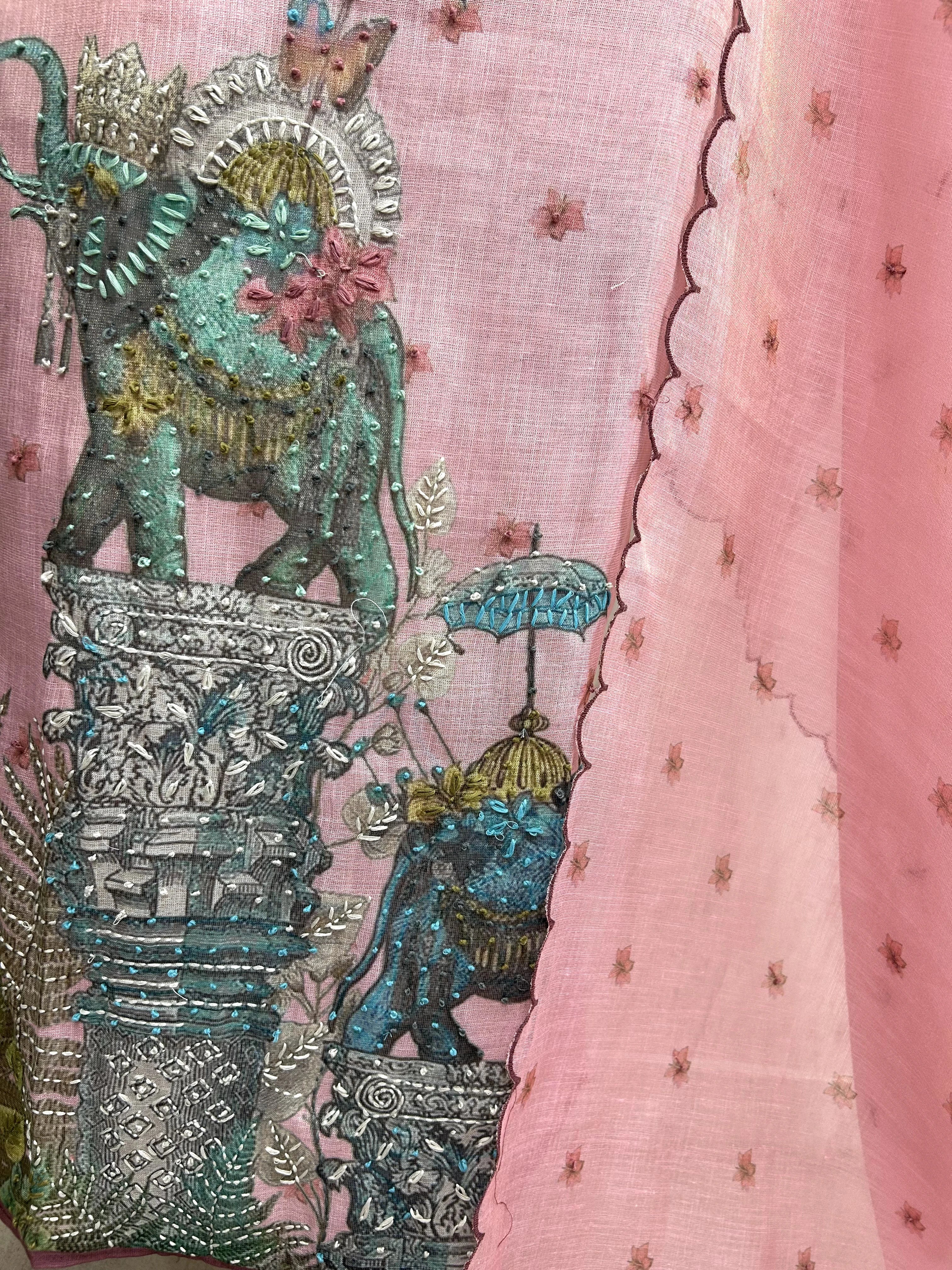 Kantha Work Elephant Print Jamdani Linen Unstitched Suit Set