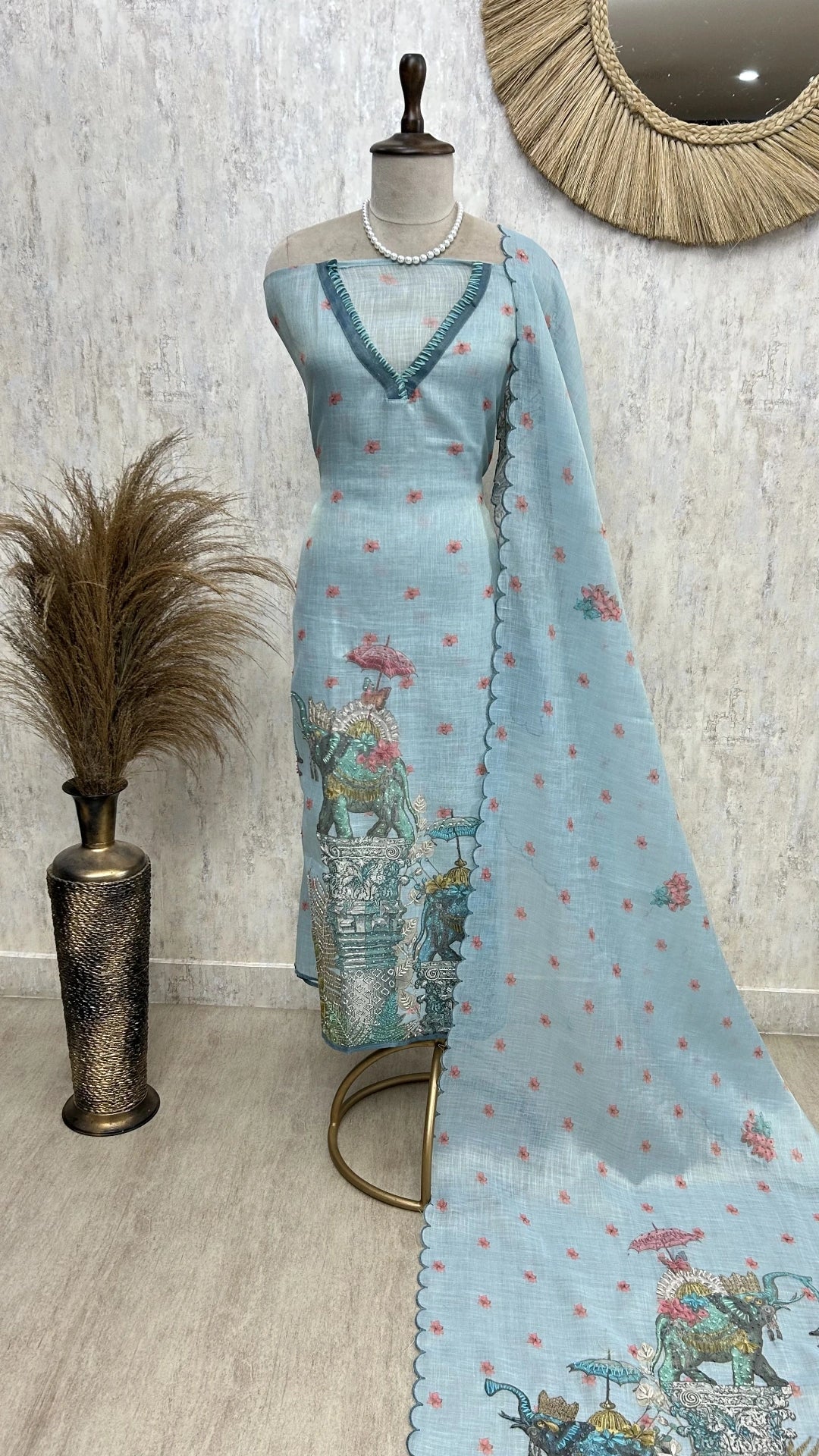 Kantha Work Elephant Print Jamdani Linen Unstitched Suit Set