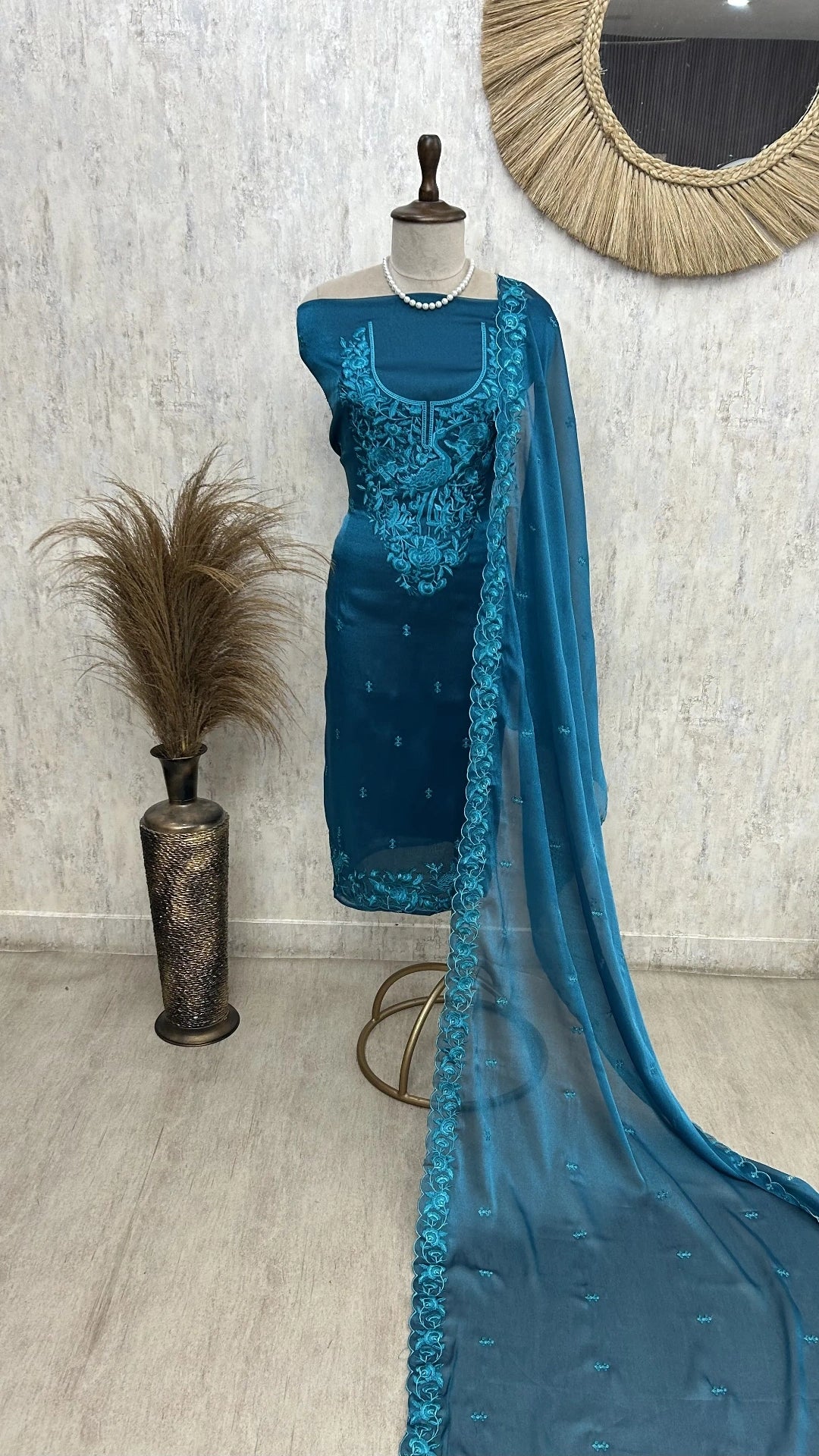 Bird motif Organza Unstitched suit set