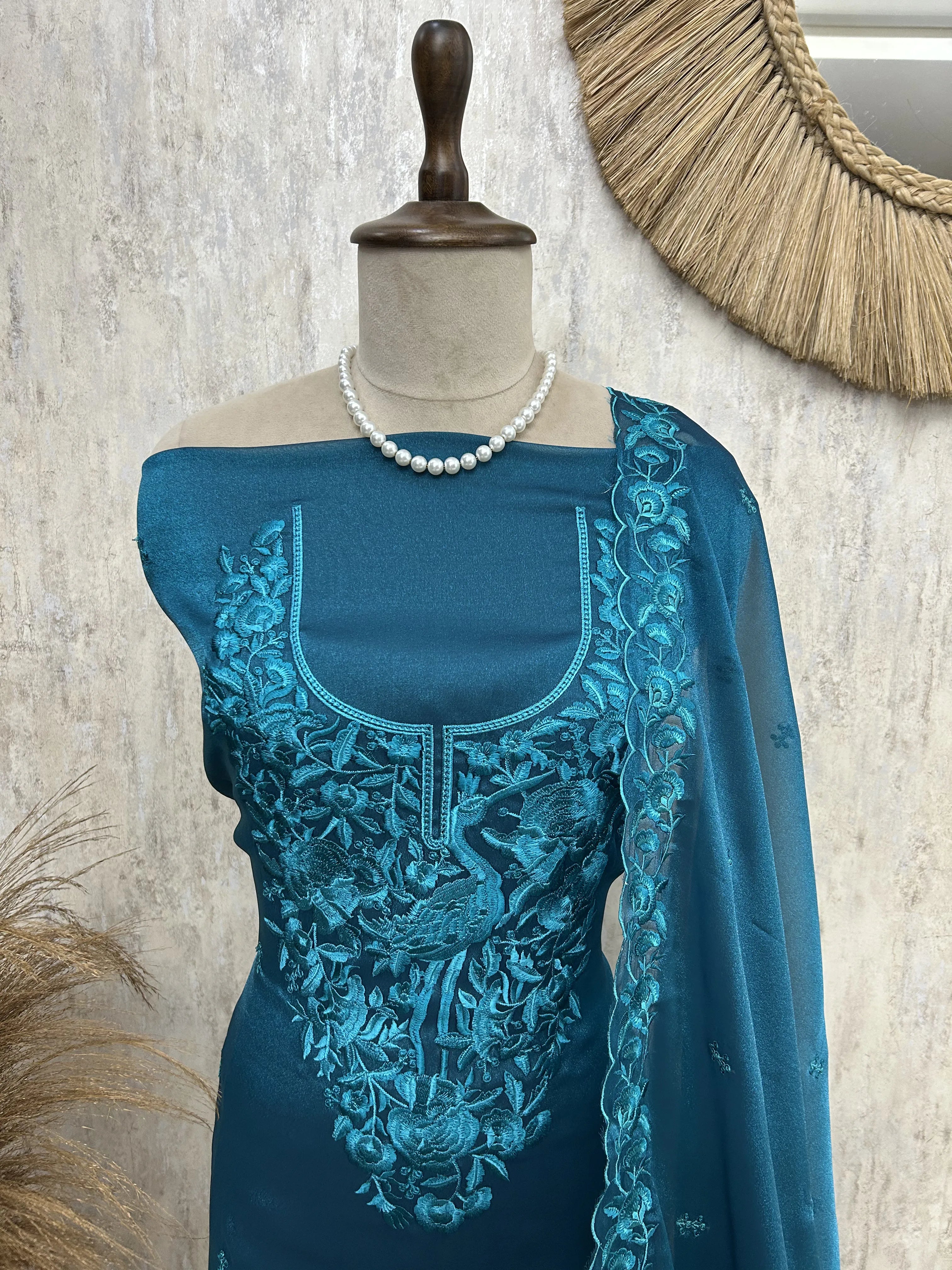 Bird motif Organza Unstitched suit set