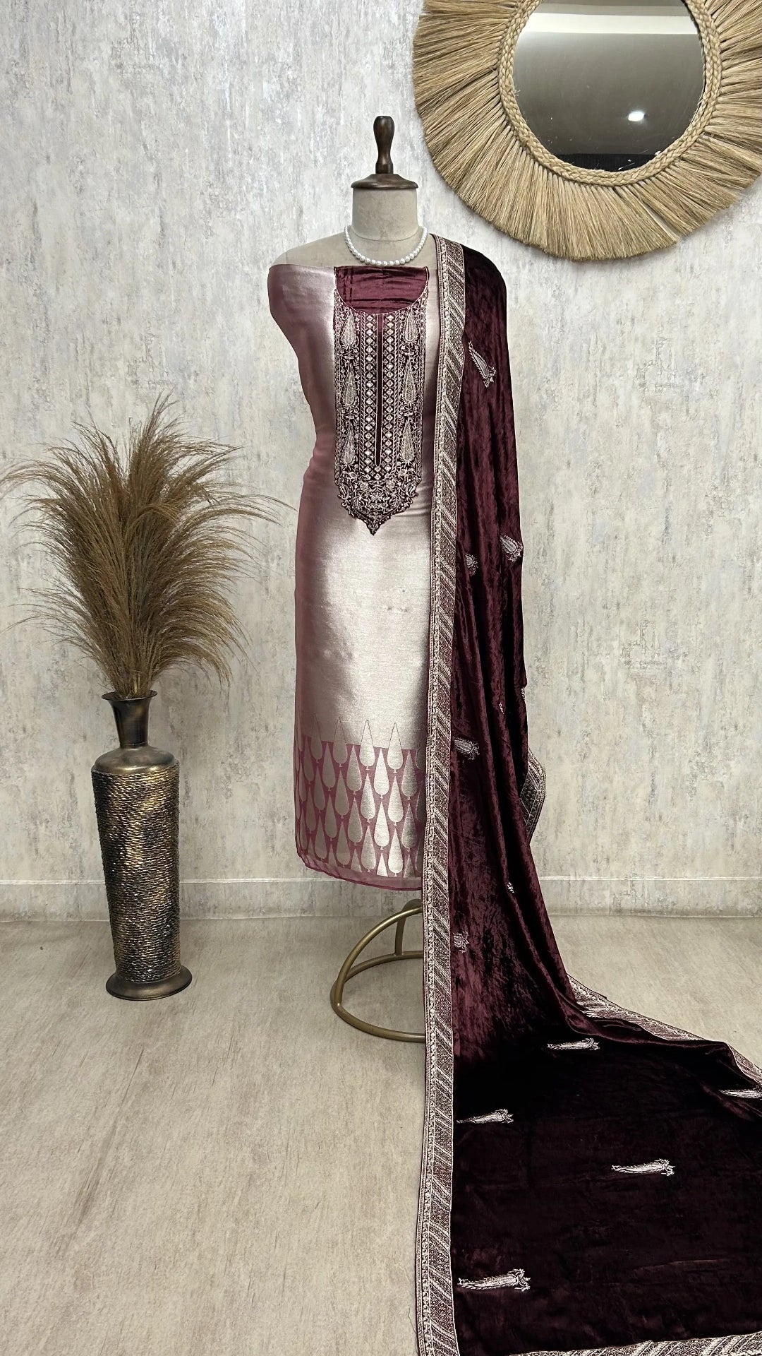 Brocade Banarasi Unstitched Suit Set With Velvet Dupatta