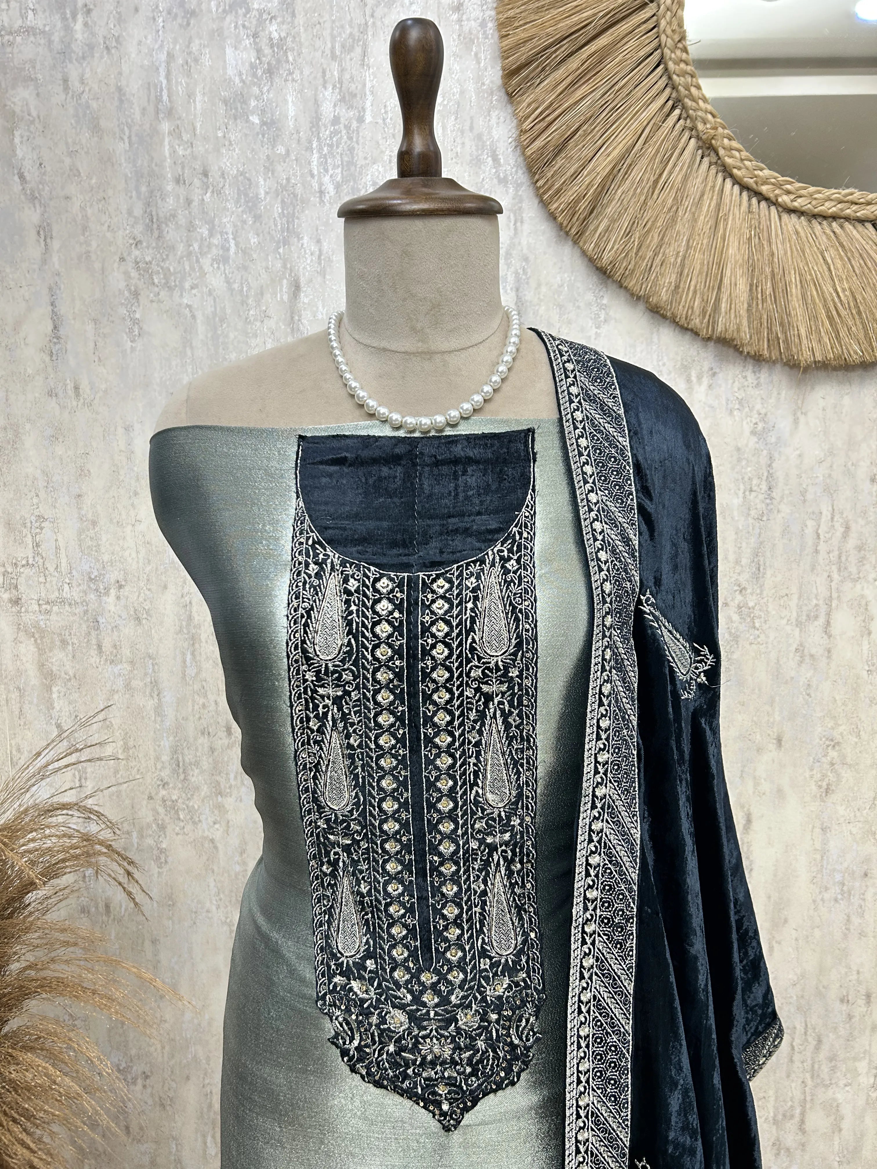 Brocade Banarasi Unstitched Suit Set With Velvet Dupatta