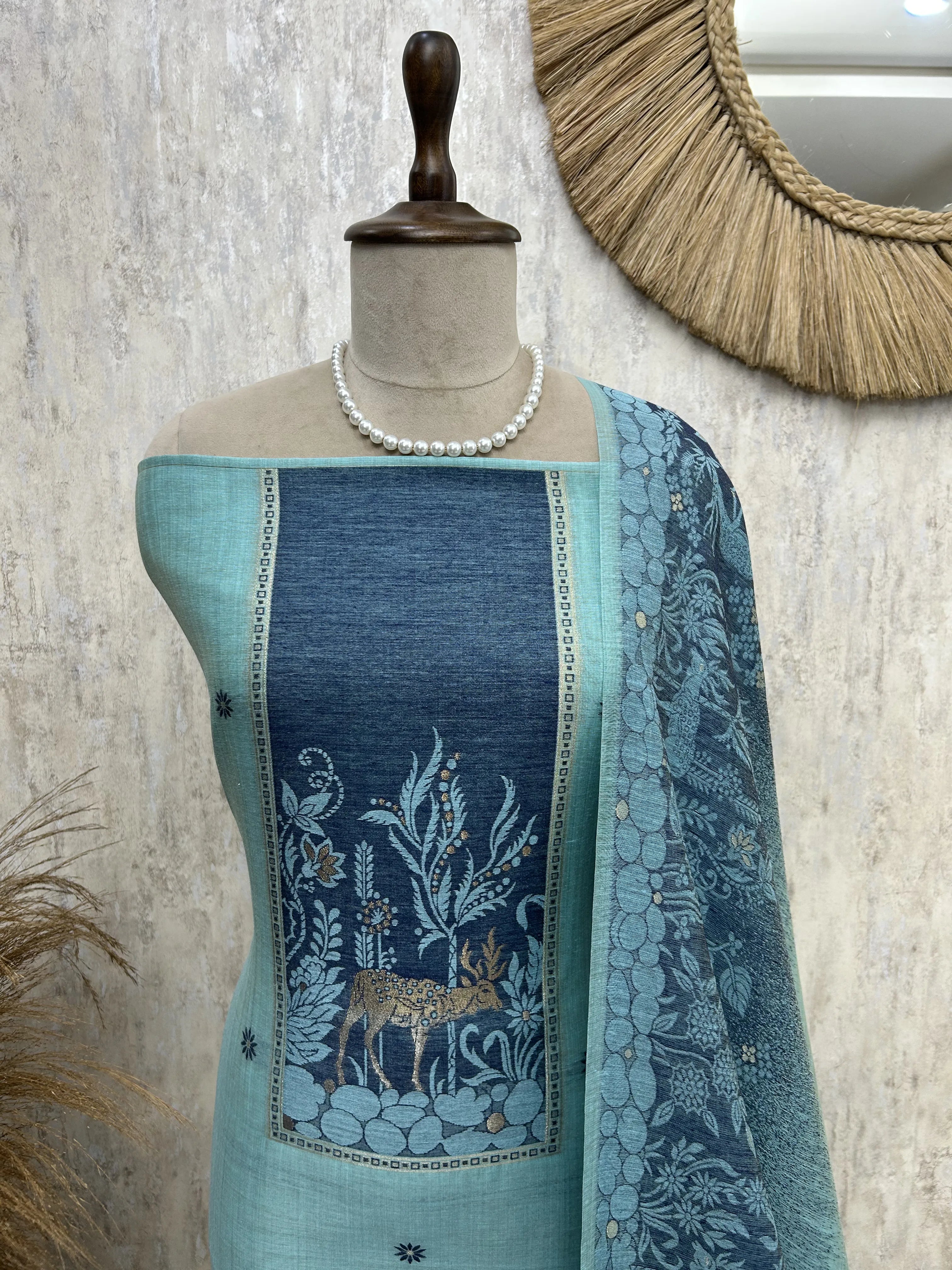 Jamdani Linen Unstitched Suit Set With Deer Motif