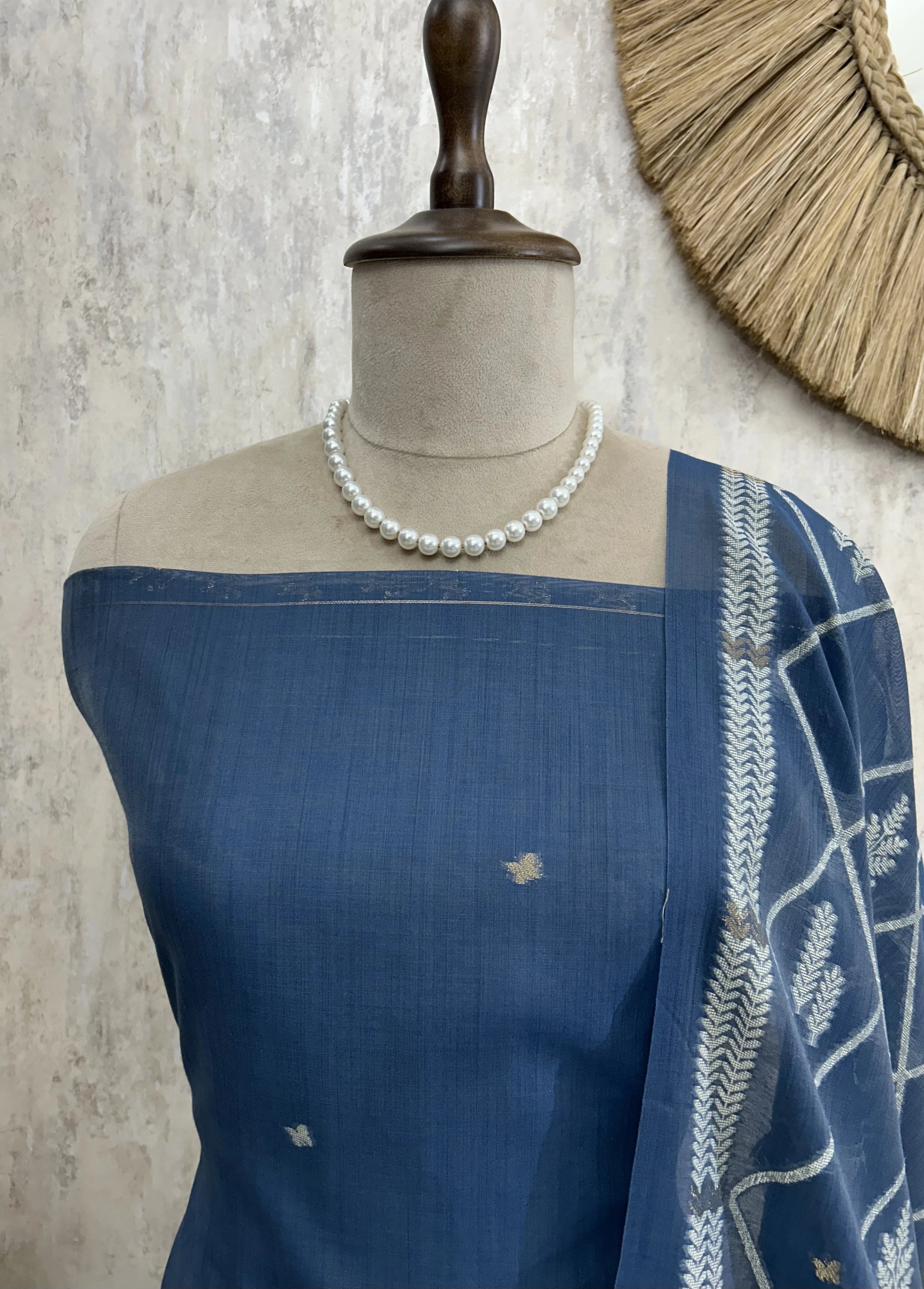 Indigo Jamdani Woven Linen Unstitched Suit Set