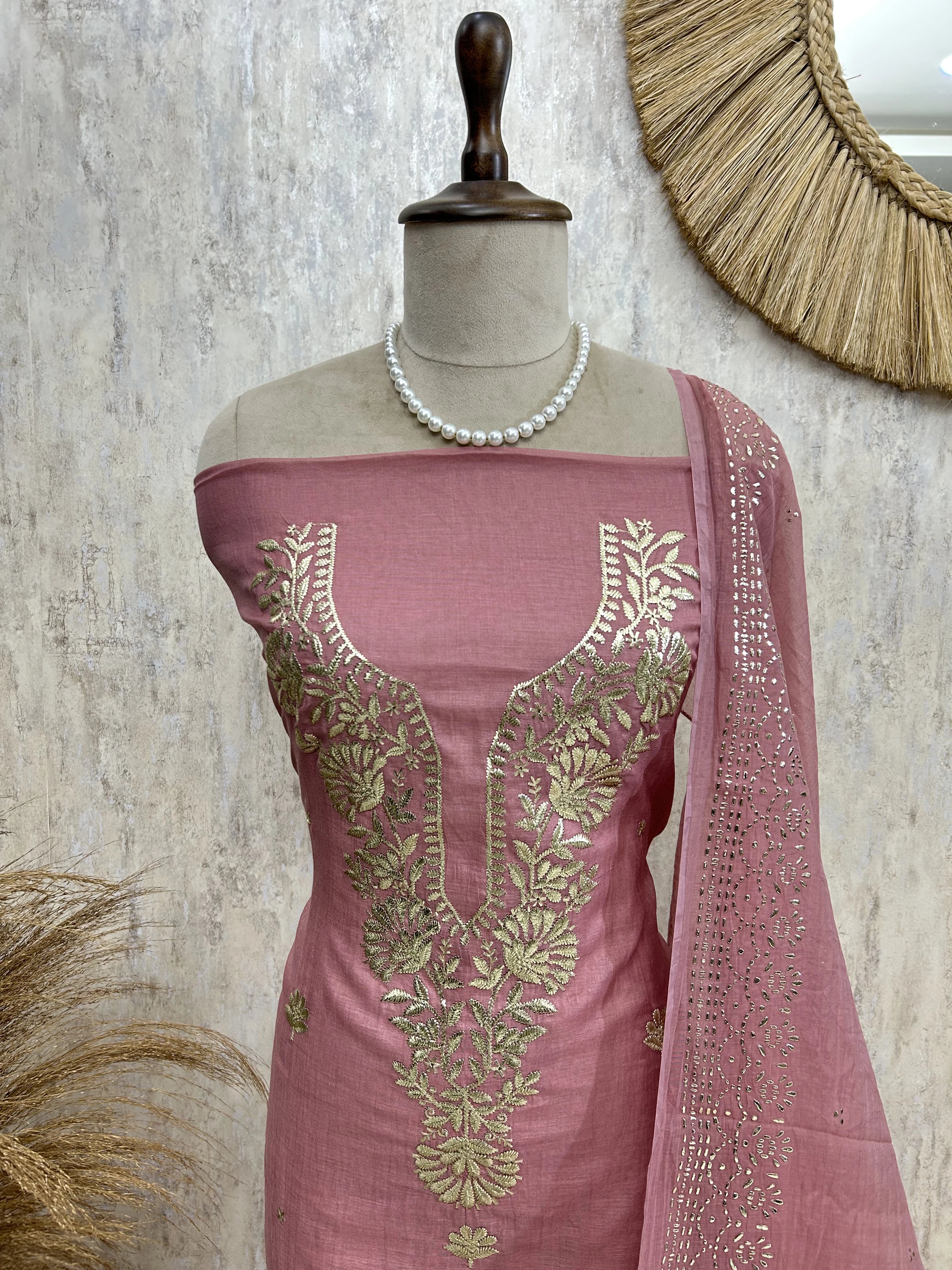 Pita Work Mul Chanderi Unstitched Suit Set