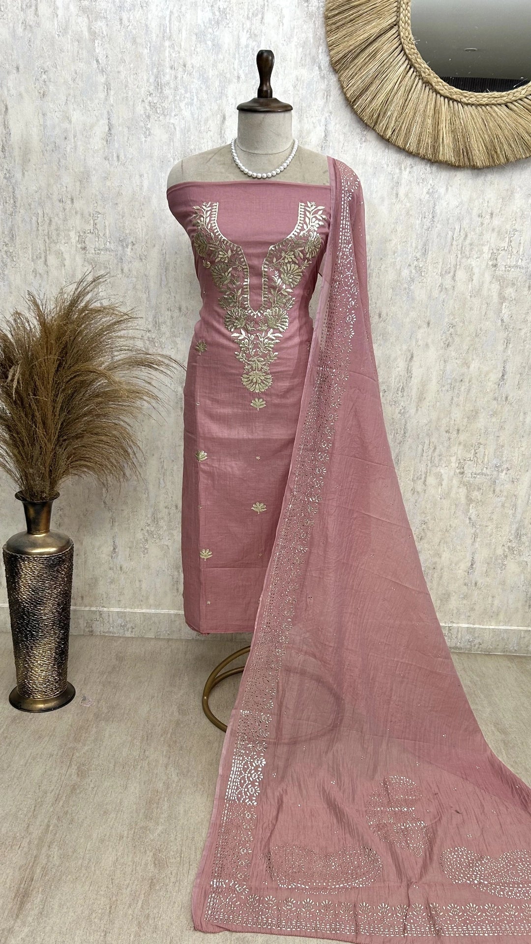 Pita Work Mul Chanderi Unstitched Suit Set