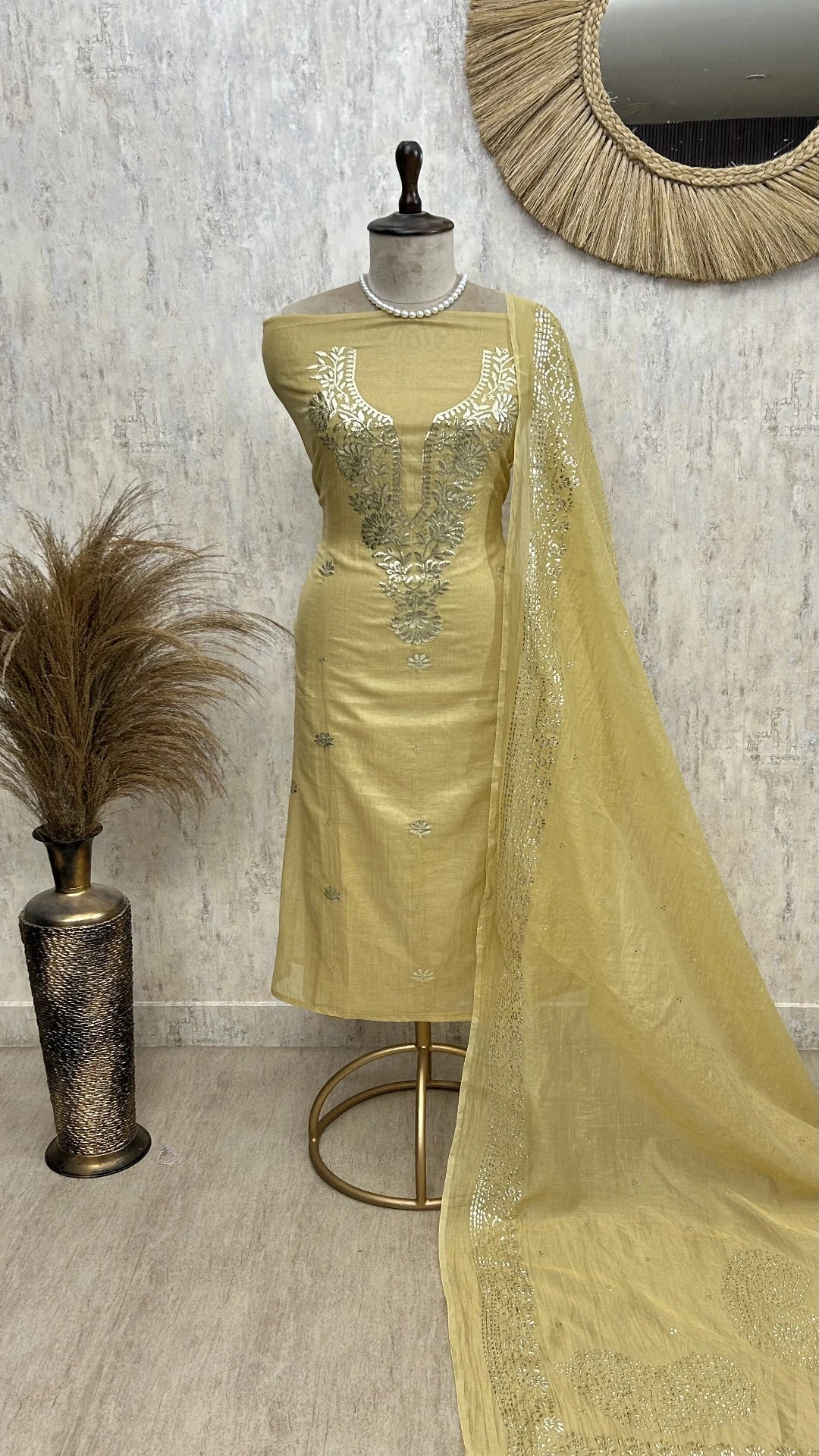 Pita Work Mul Chanderi Unstitched Suit Set