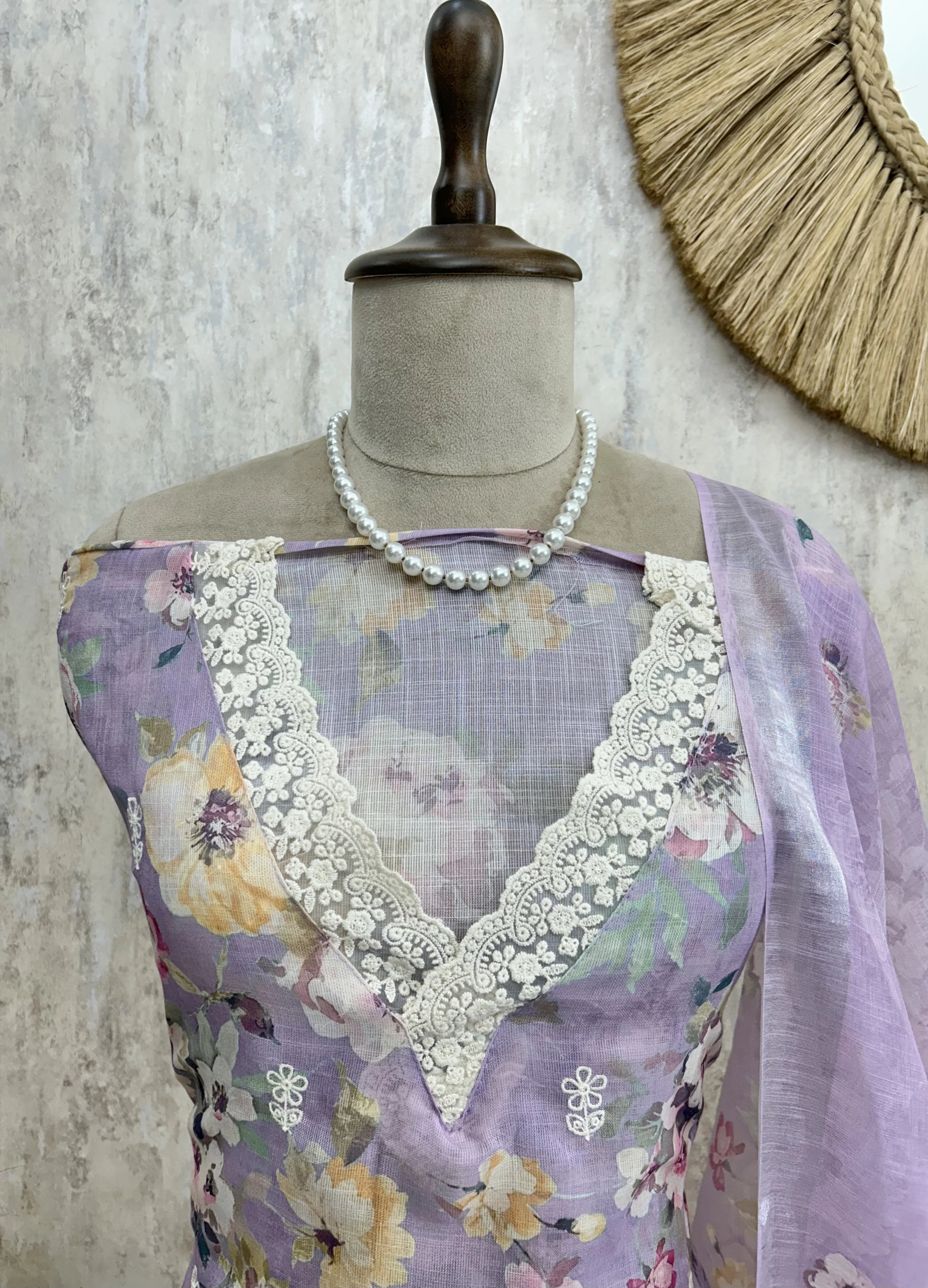 Petals Print Jamdani Linen Unstitched Suit Set