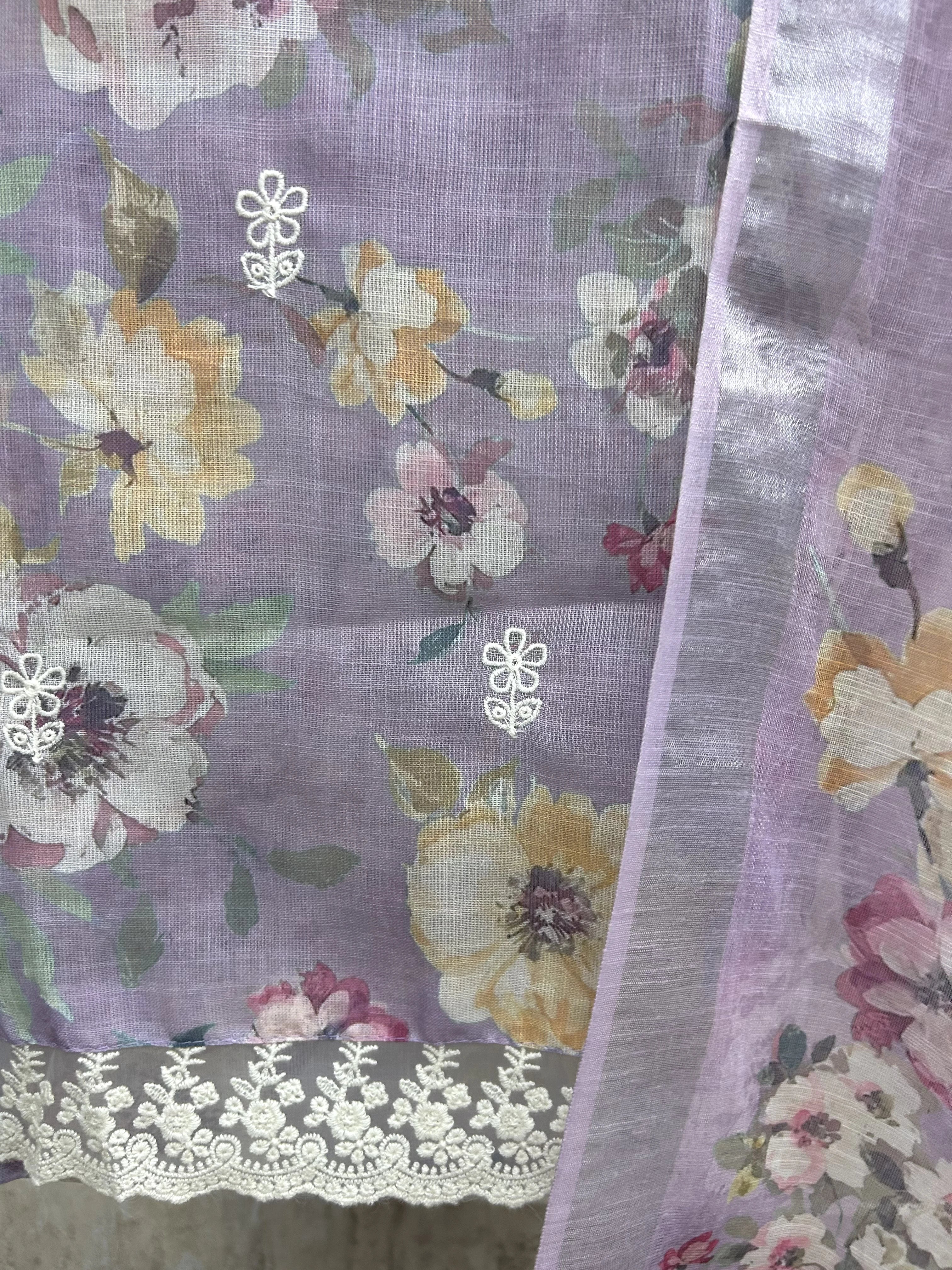 Petals Print Jamdani Linen Unstitched Suit Set