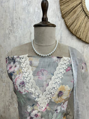 Petals Print Jamdani Linen Unstitched Suit Set