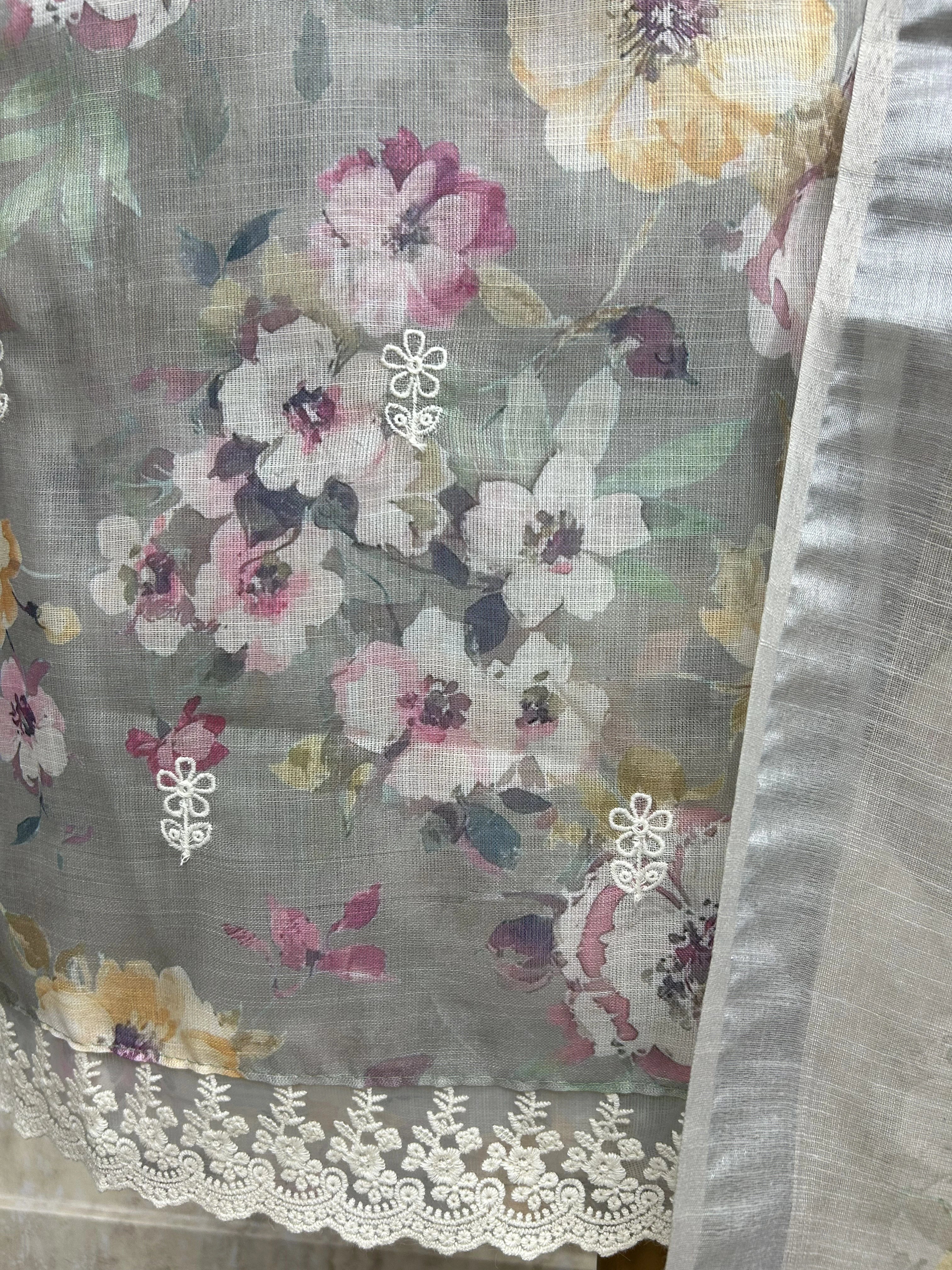 Petals Print Jamdani Linen Unstitched Suit Set