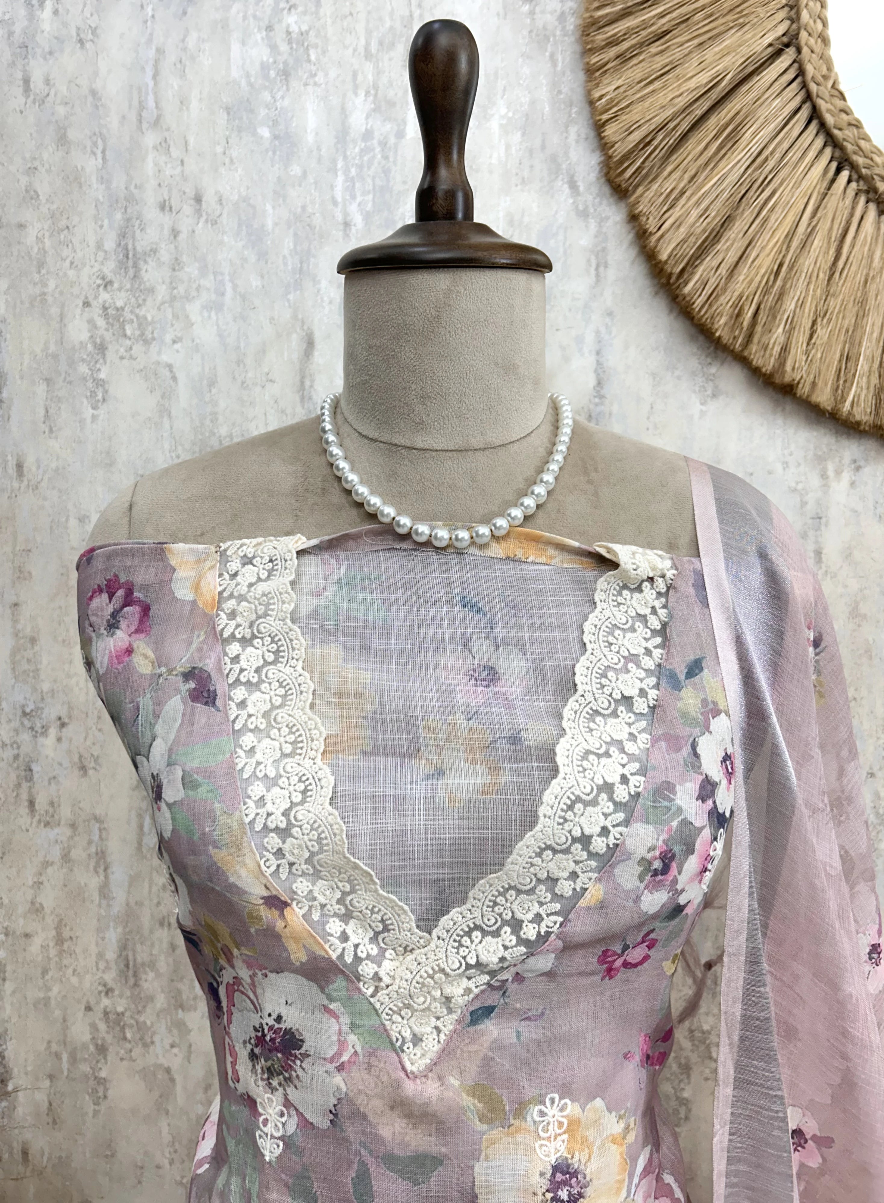 Petals Print Jamdani Linen Unstitched Suit Set