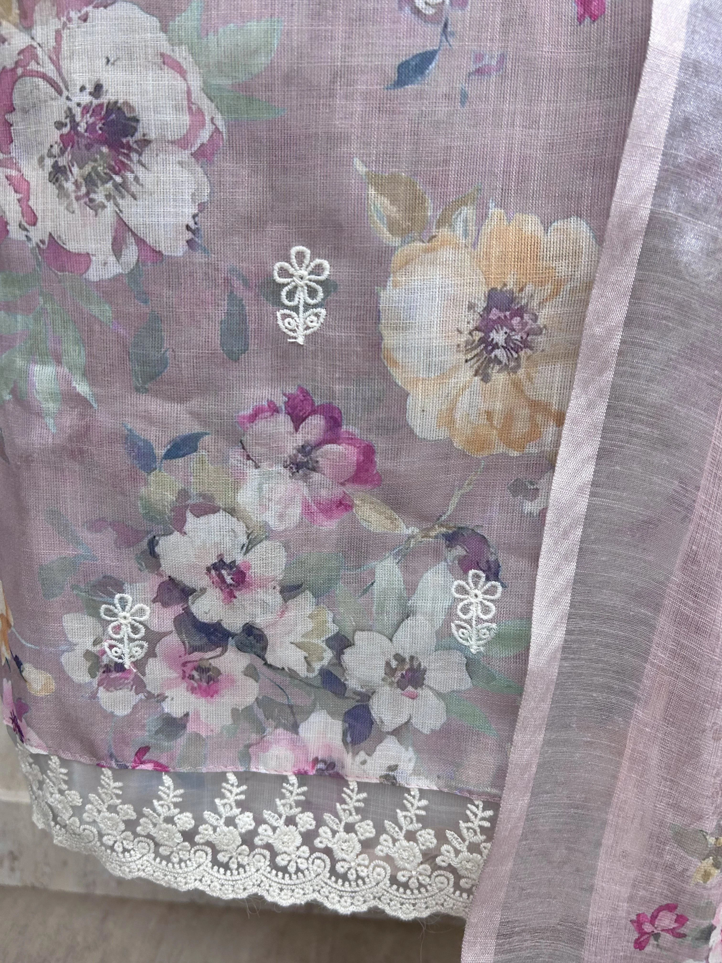 Petals Print Jamdani Linen Unstitched Suit Set