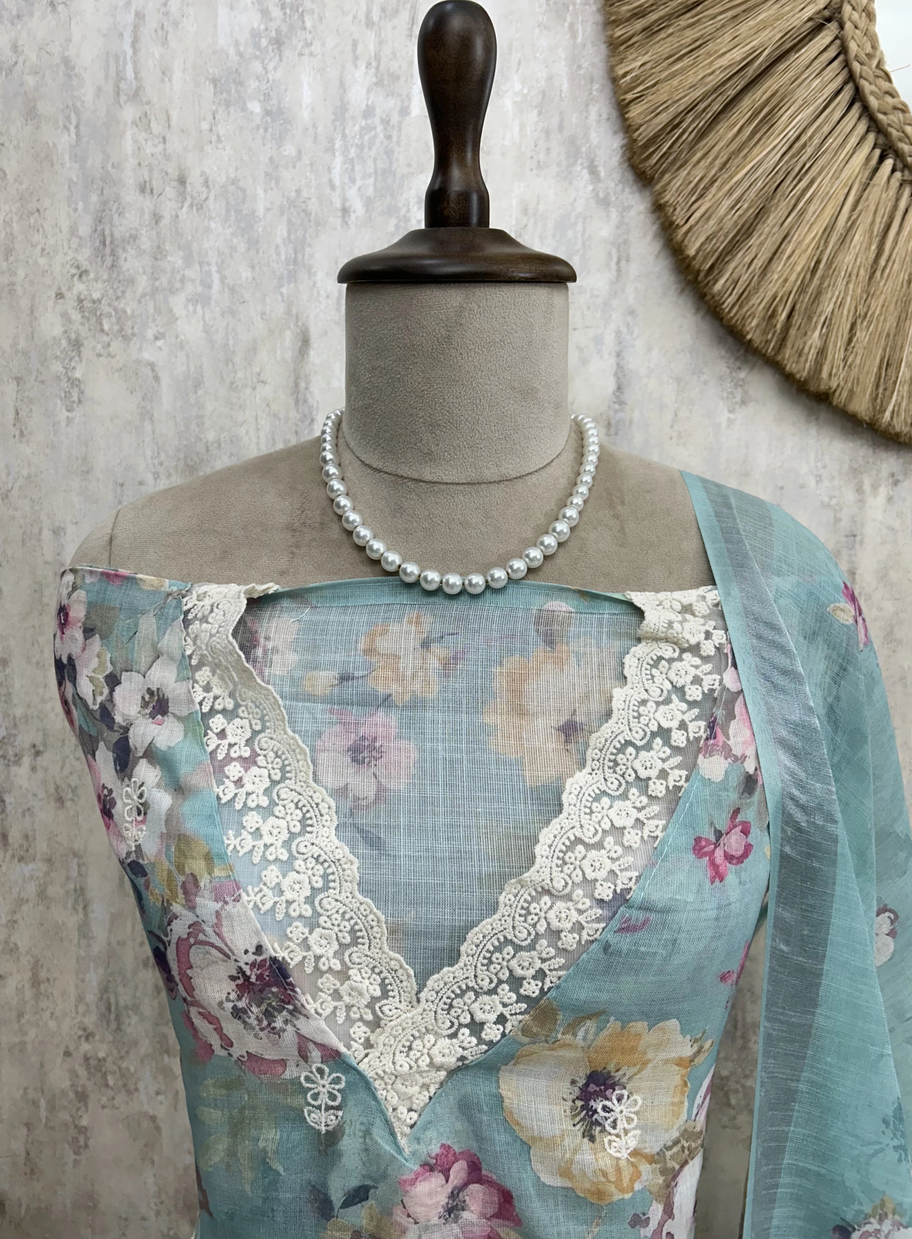 Petals Print Jamdani Linen Unstitched Suit Set