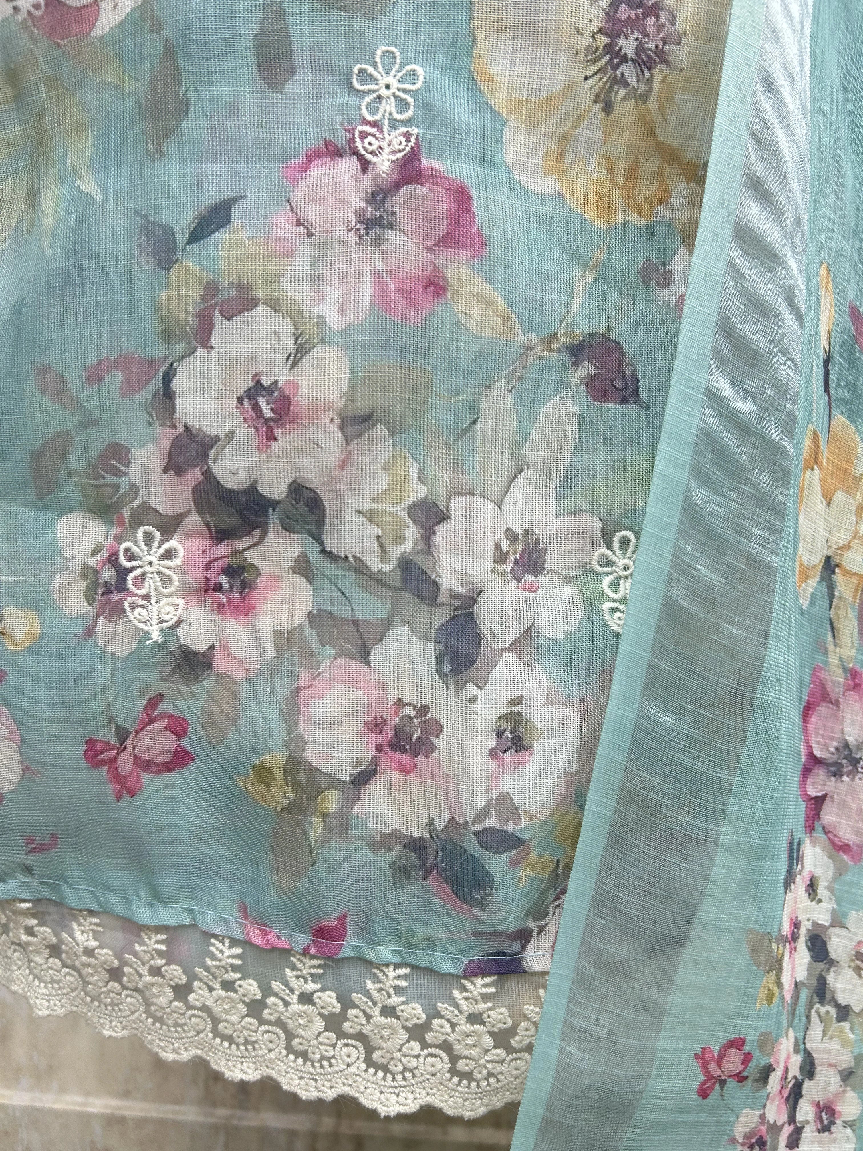 Petals Print Jamdani Linen Unstitched Suit Set