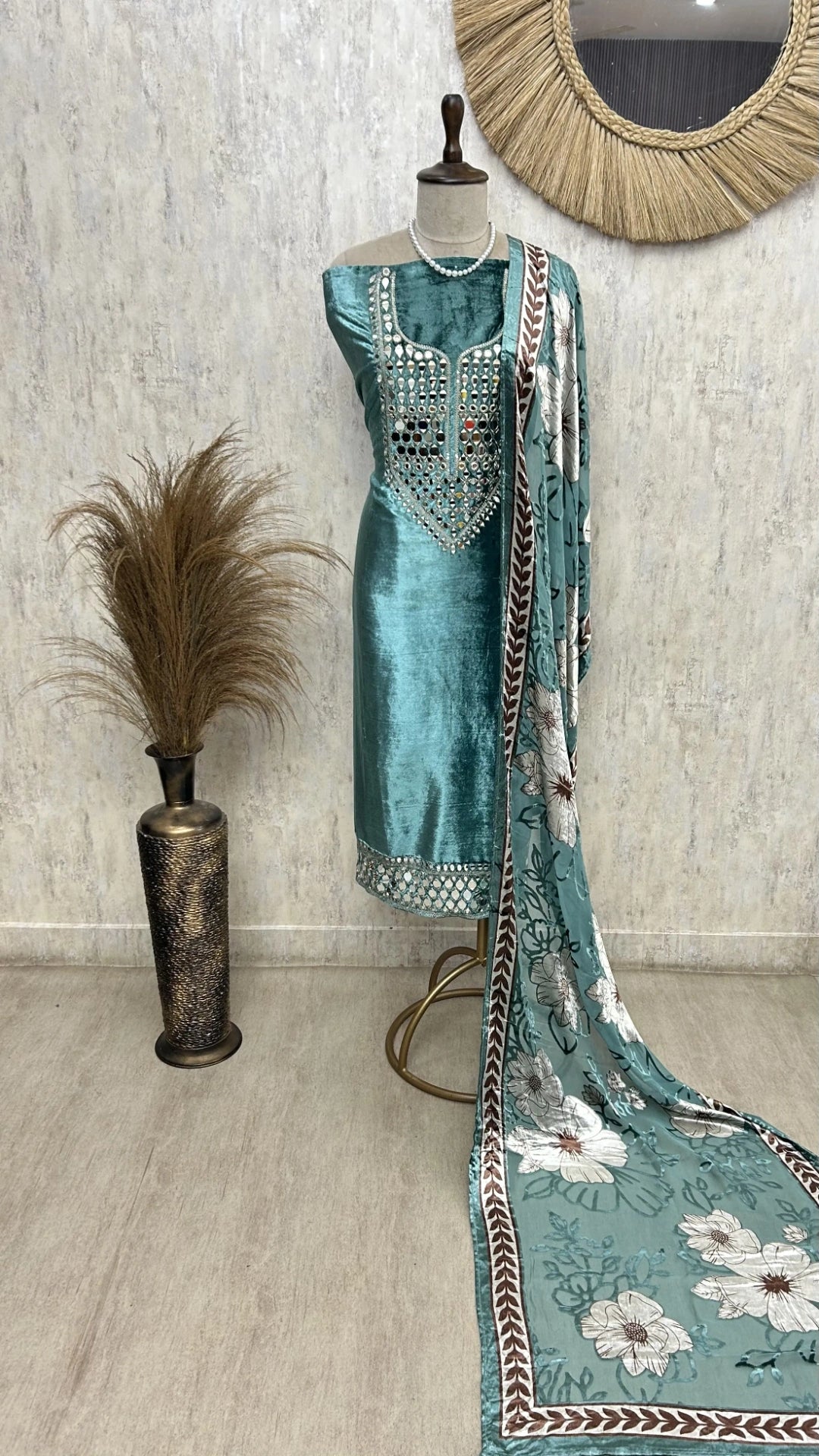 Velvet Unstitched Suit With Brasso Dupatta