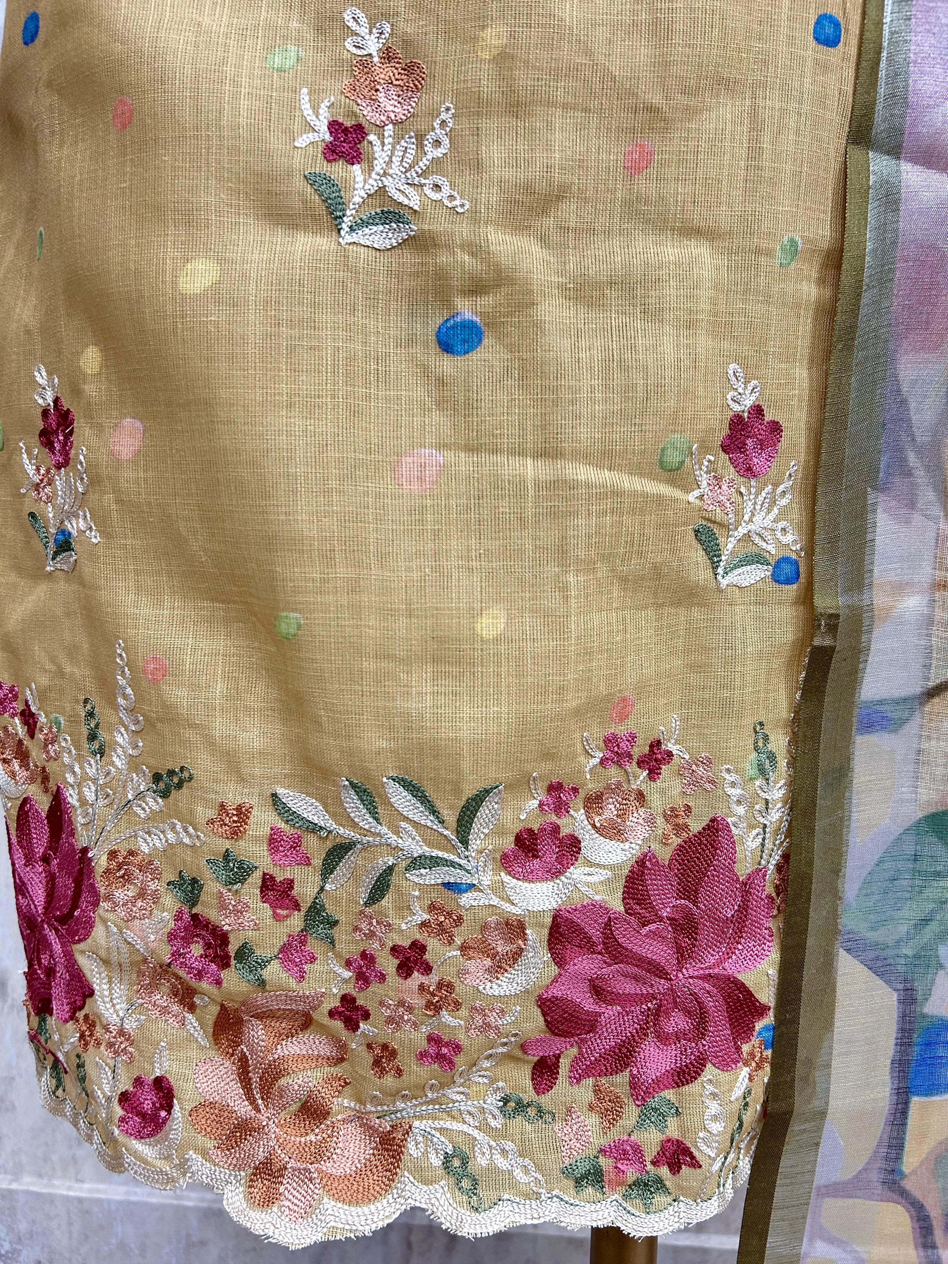 Elegant Thread Embroidered Jamdani Linen Unstitched Suit Set