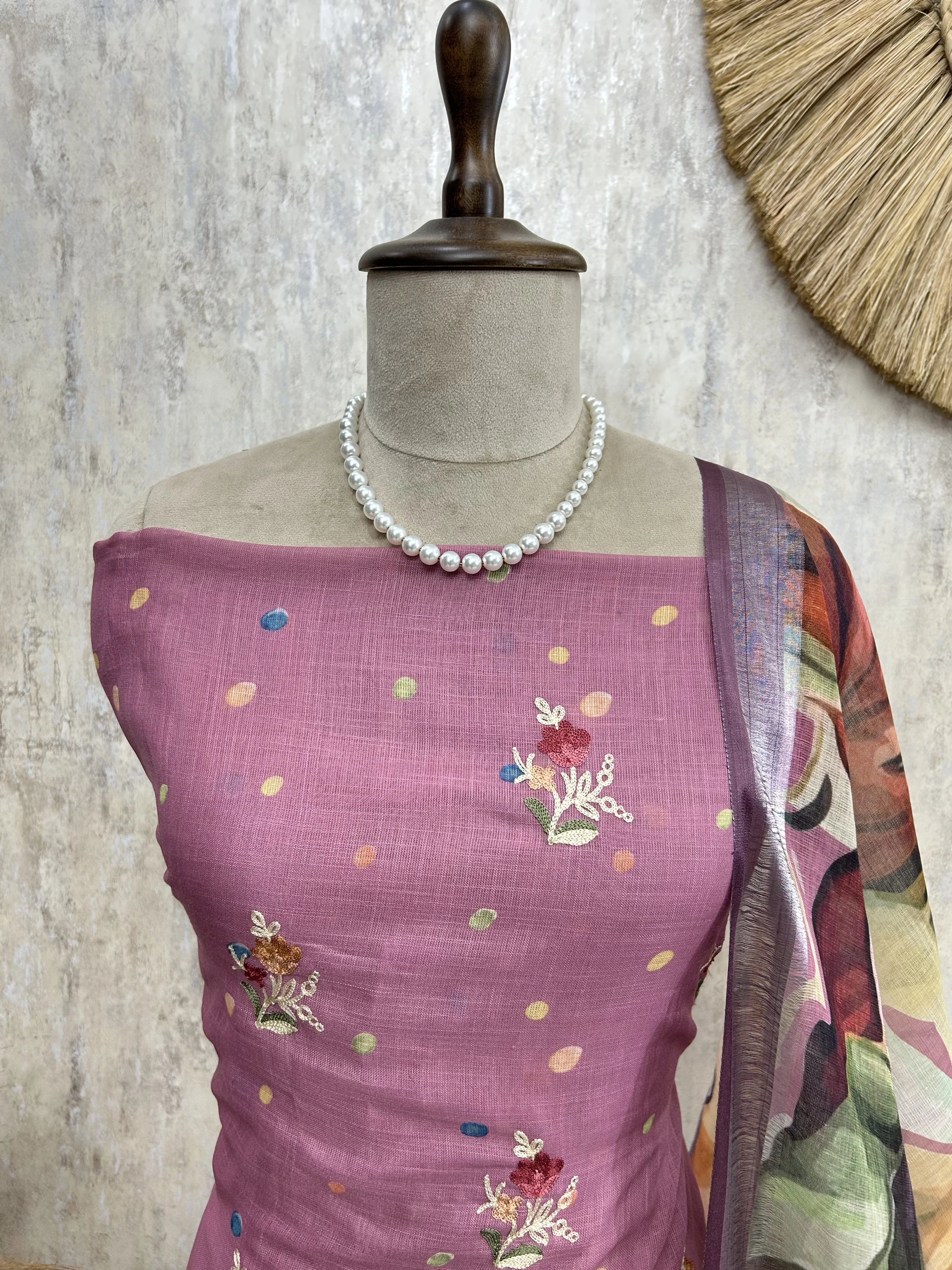 Elegant Thread Embroidered Jamdani Linen Unstitched Suit Set