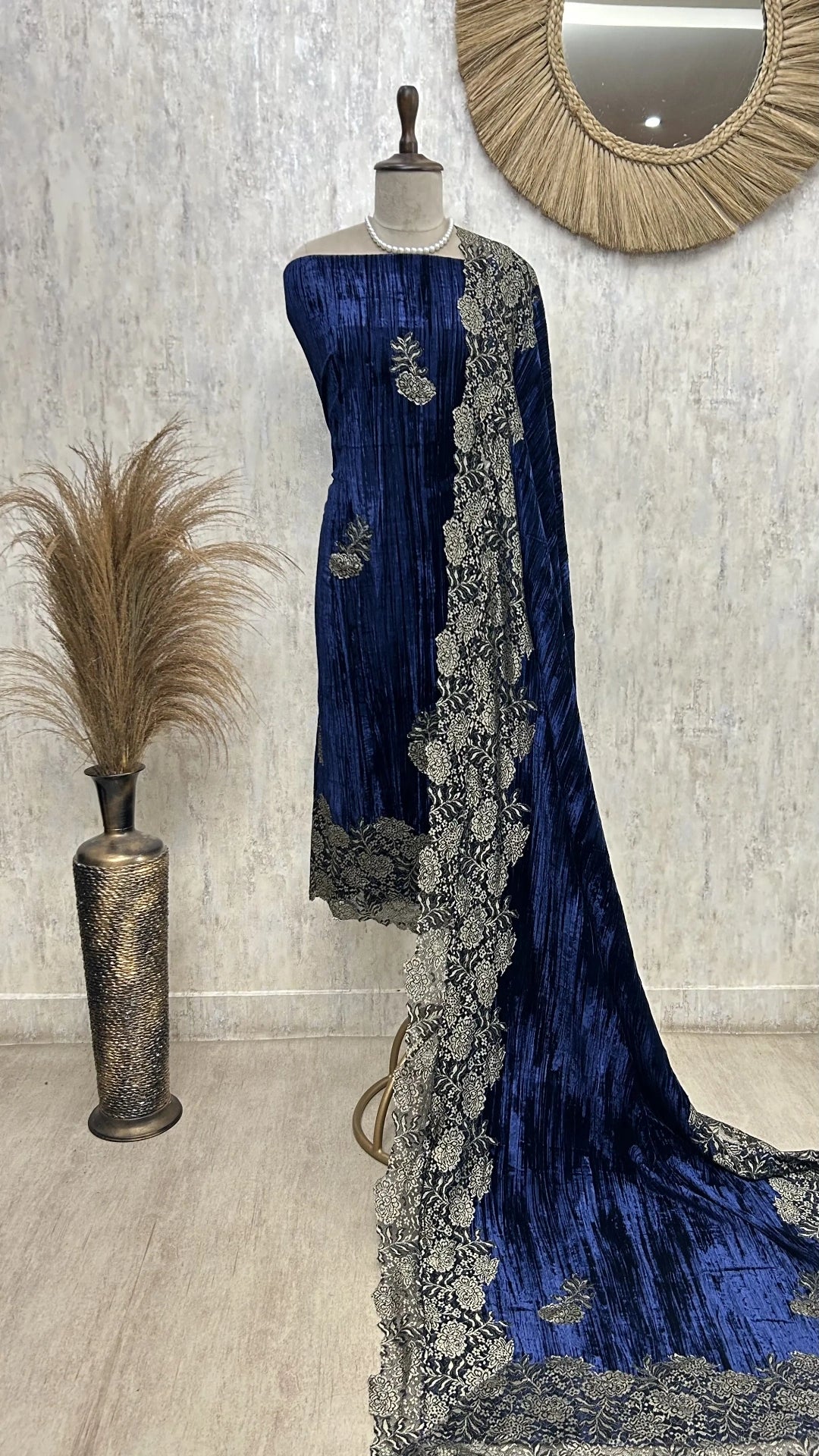 Velvet Unstitched Suit with Chantilly Lace