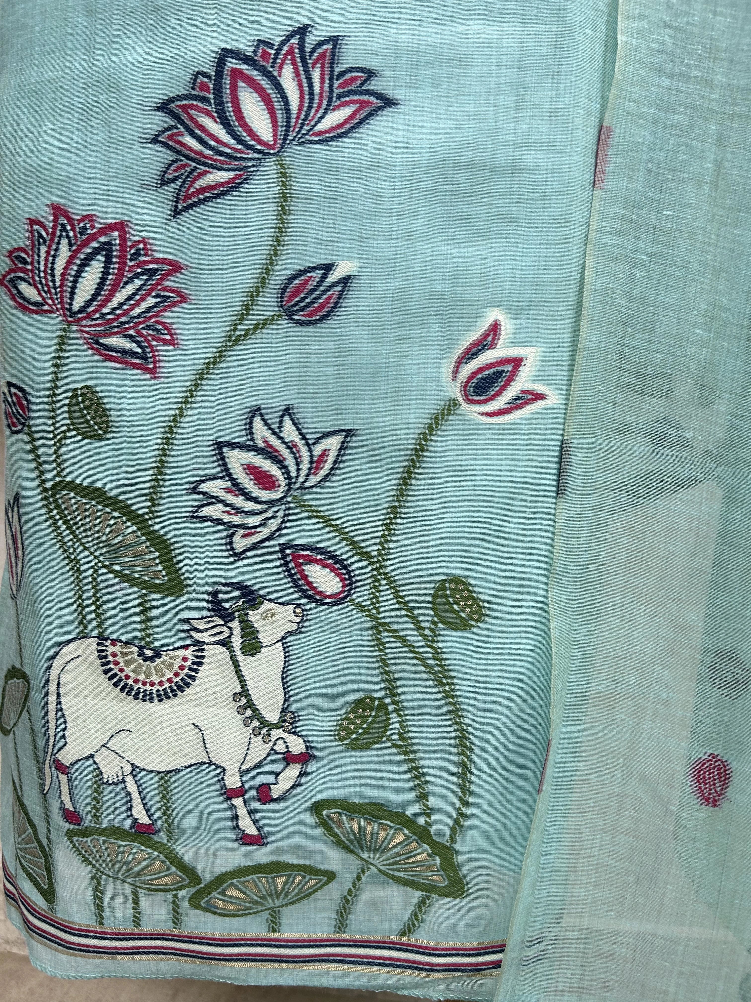 Pichwai Pattern Jamdani Linen Unstitched Suit Set