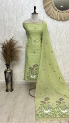 Pichwai Pattern Jamdani Linen Unstitched Suit Set