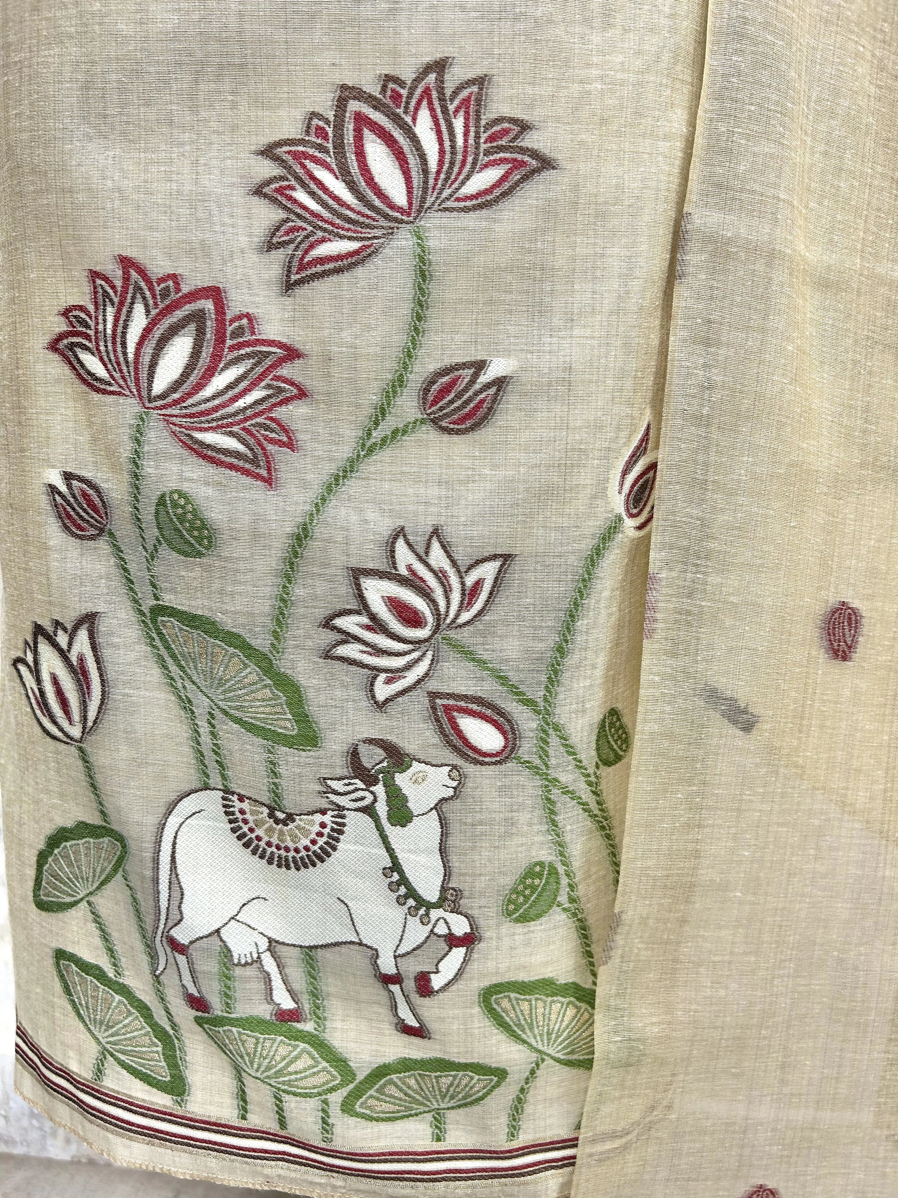 Pichwai Pattern Jamdani Linen Unstitched Suit Set