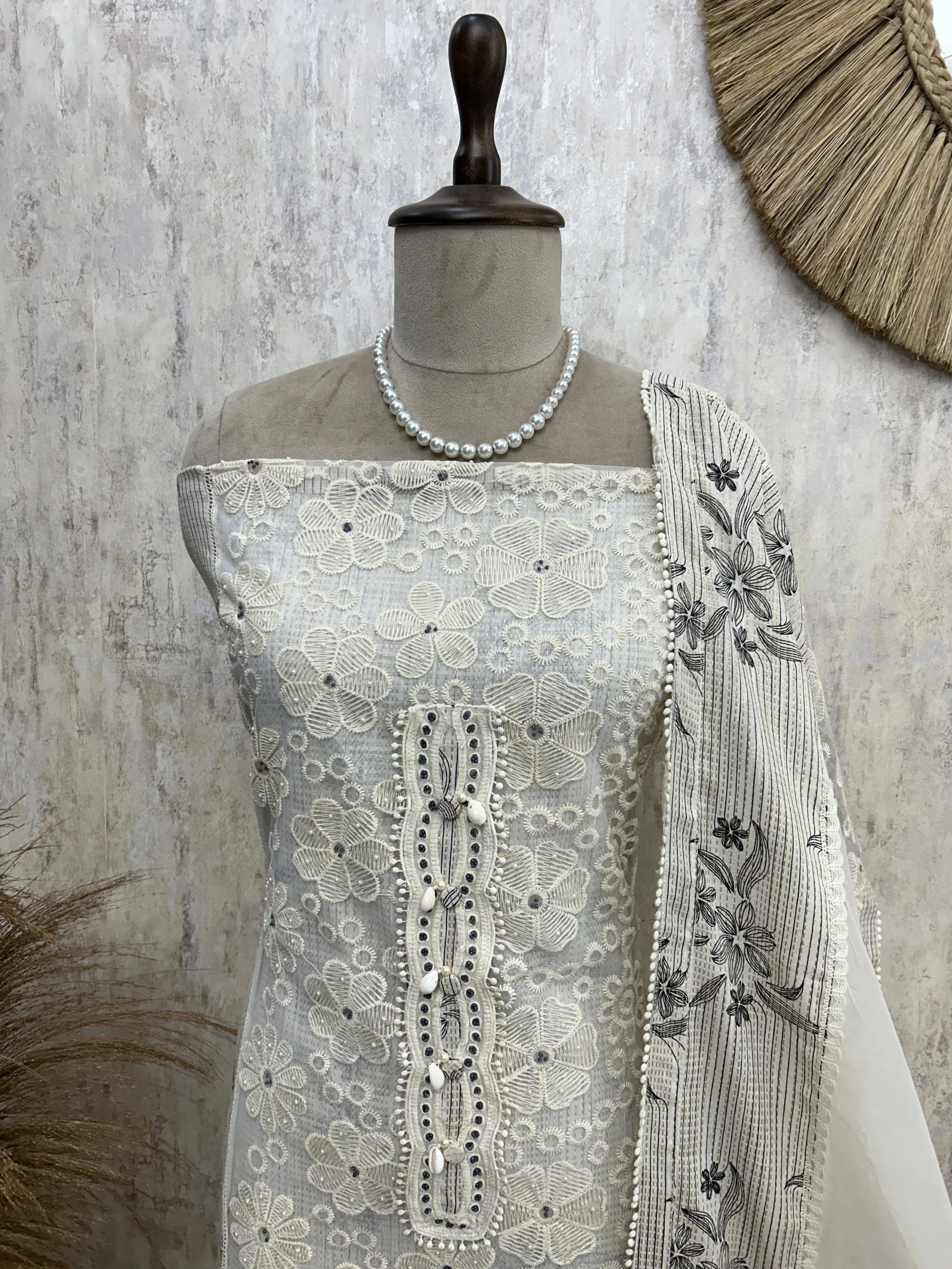 Cotton Unstitched Suit Set With Shell Work