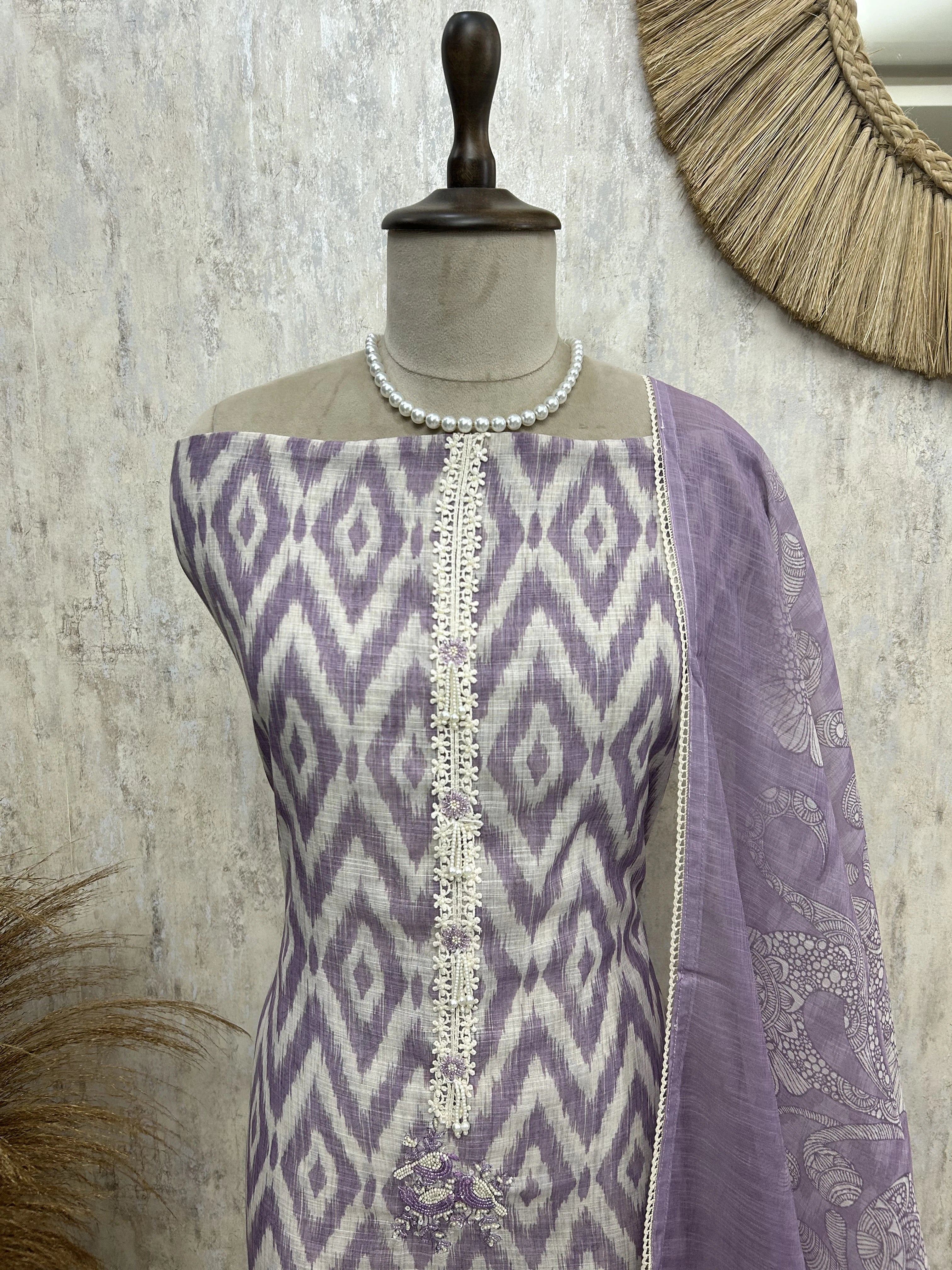 Symmetric Print Linen Unstitched Suit Set