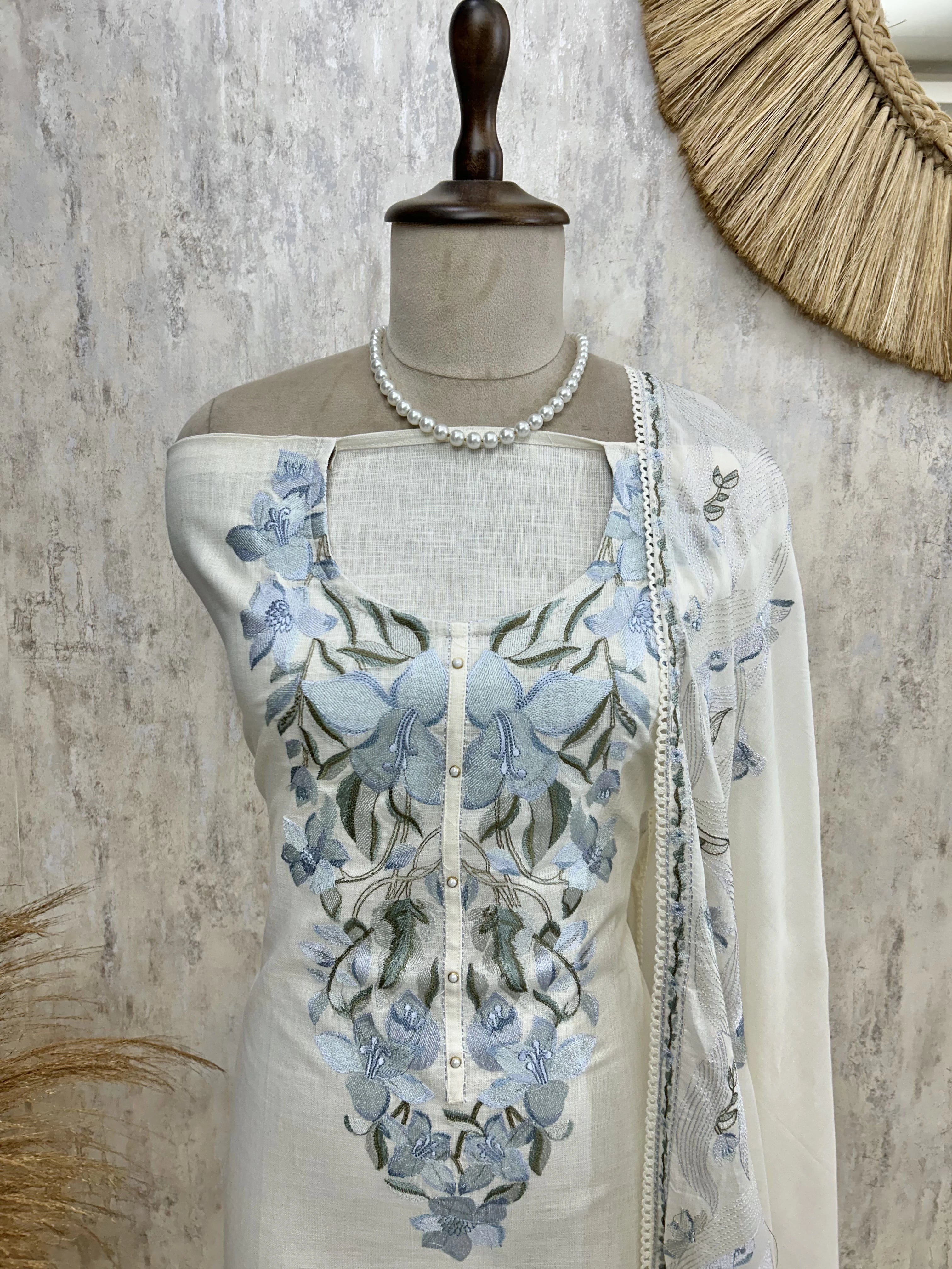 Breezy Linen Unstitched Suit Set With Thread Embroidery