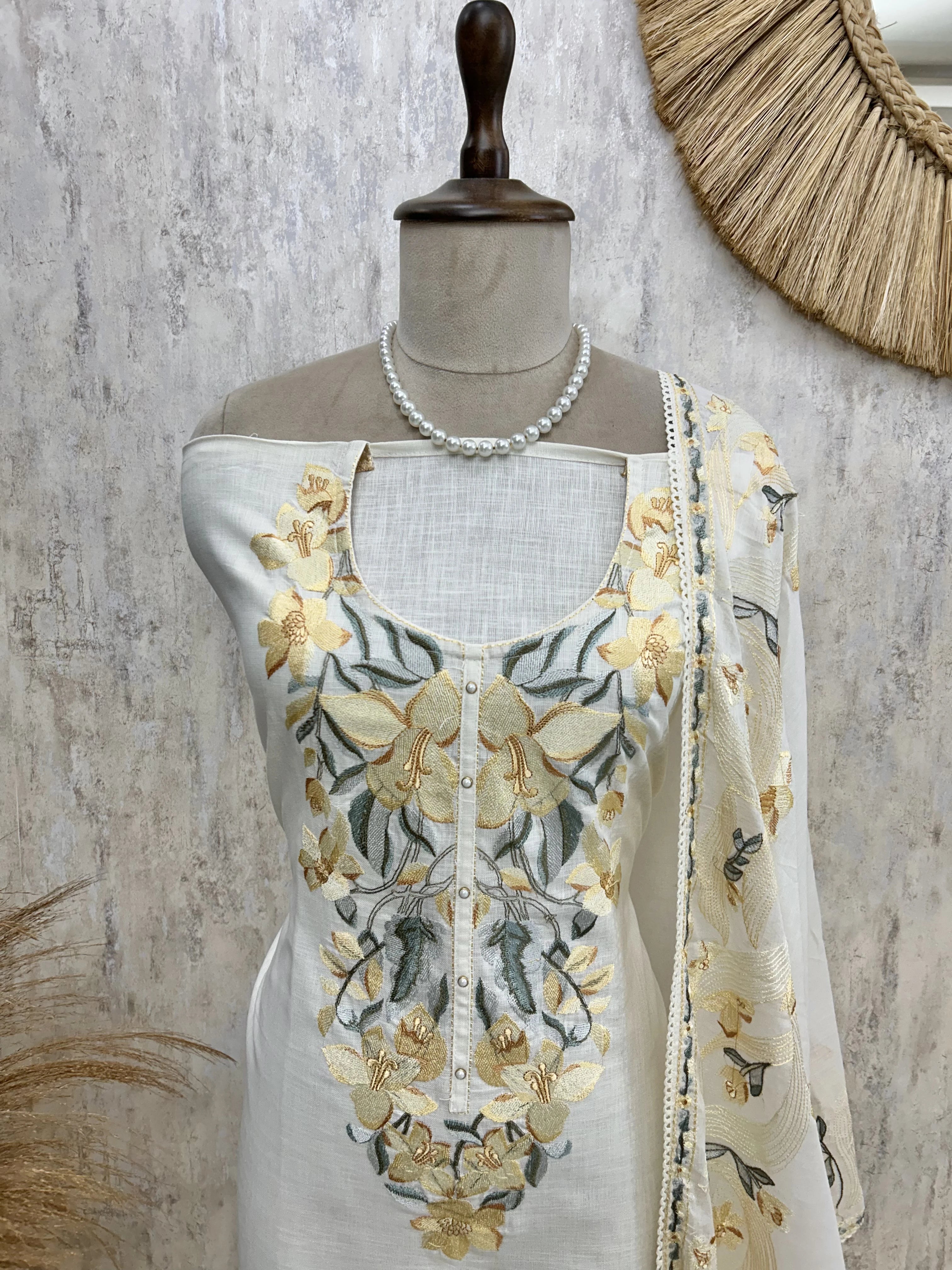 Breezy Linen Unstitched Suit Set With Thread Embroidery