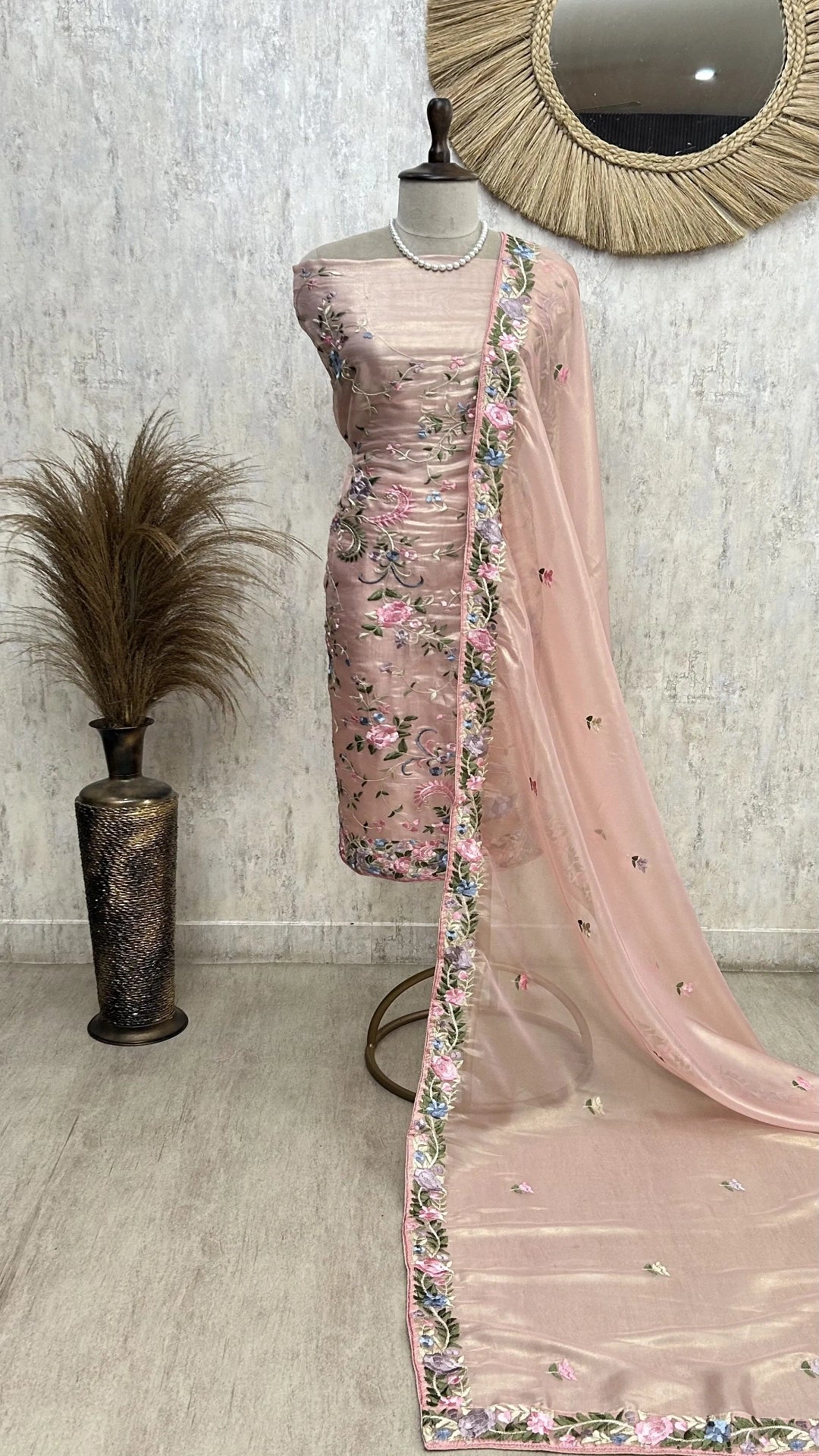 Glass Organza Unstitched Suit with Floral Thread Embroidery