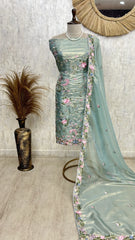 Glass Organza Unstitched Suit with Floral Thread Embroidery