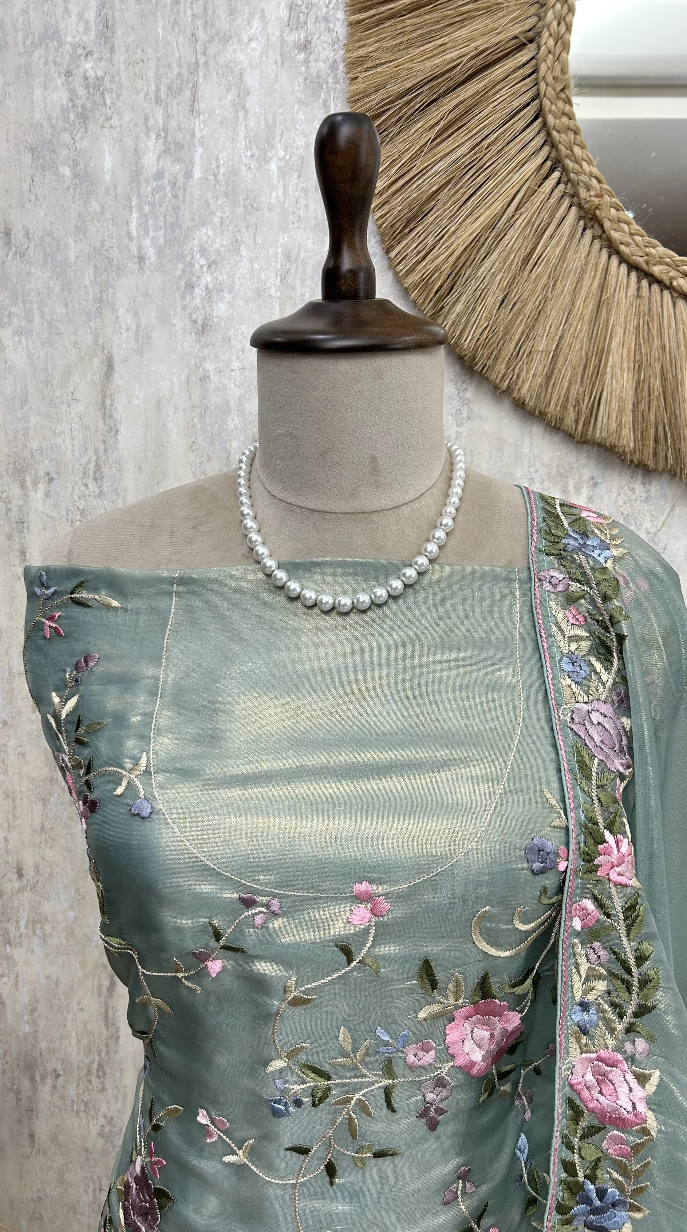 Glass Organza Unstitched Suit with Floral Thread Embroidery