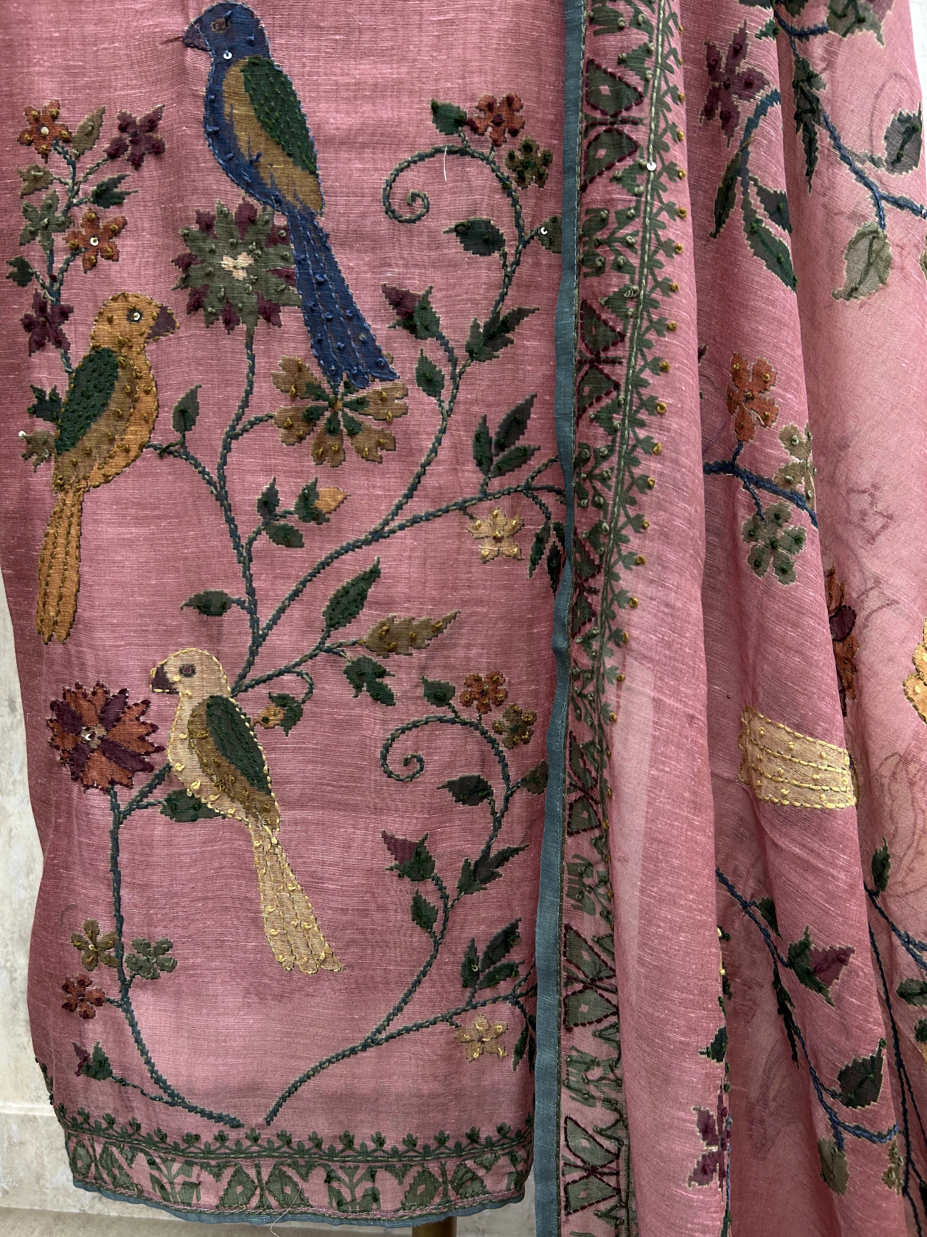 Parrot Motif Kantha Jamdani Linen Unstitched Suit Set