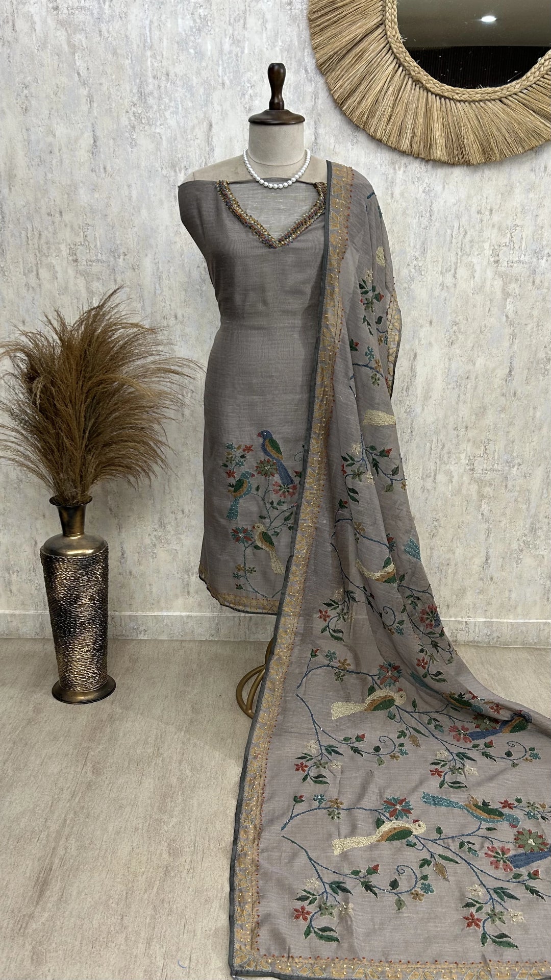 Parrot Motif Kantha Jamdani Linen Unstitched Suit Set