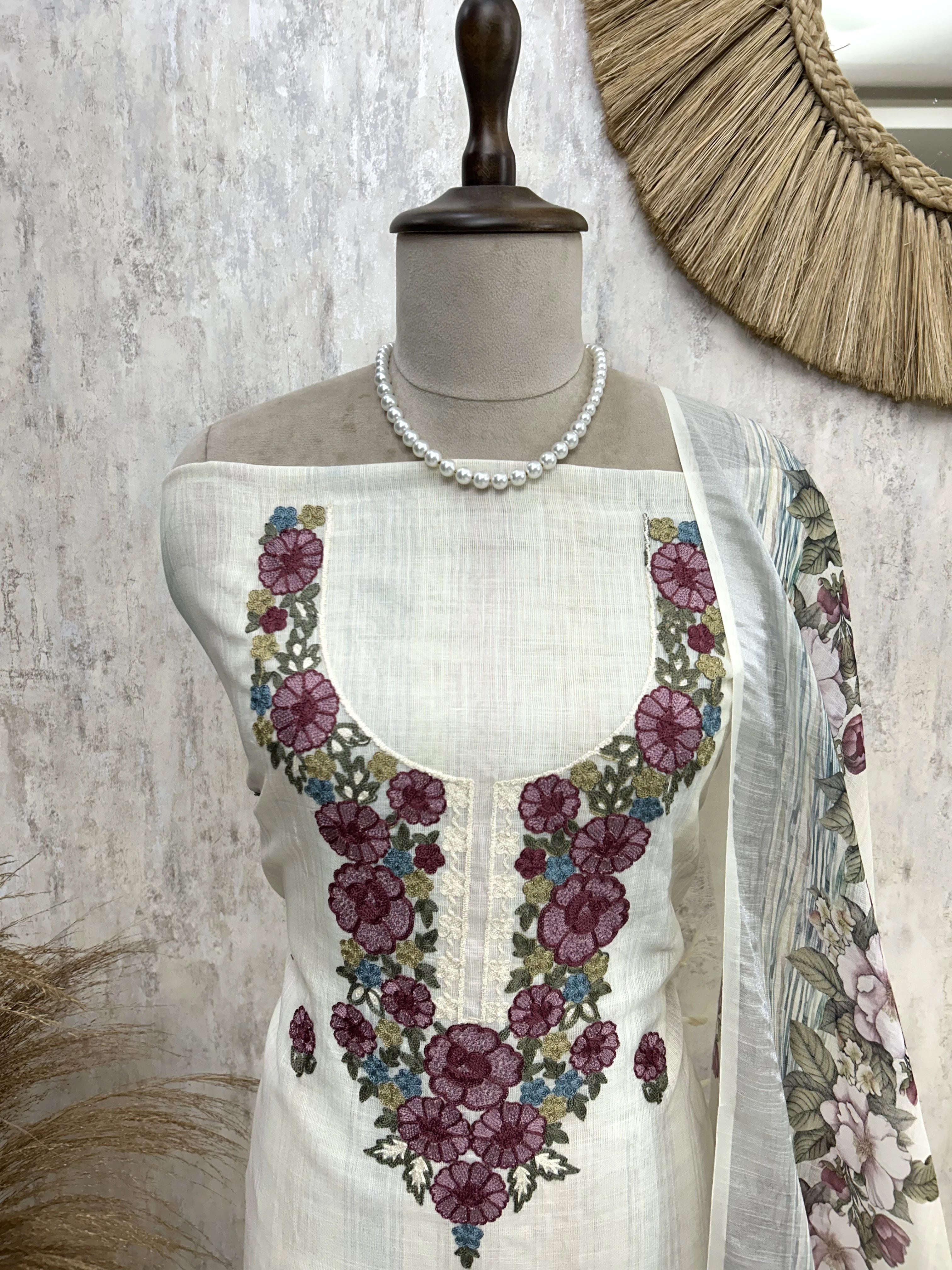 Thread Embroidered Jamdani Linen Unstitched Suit Set