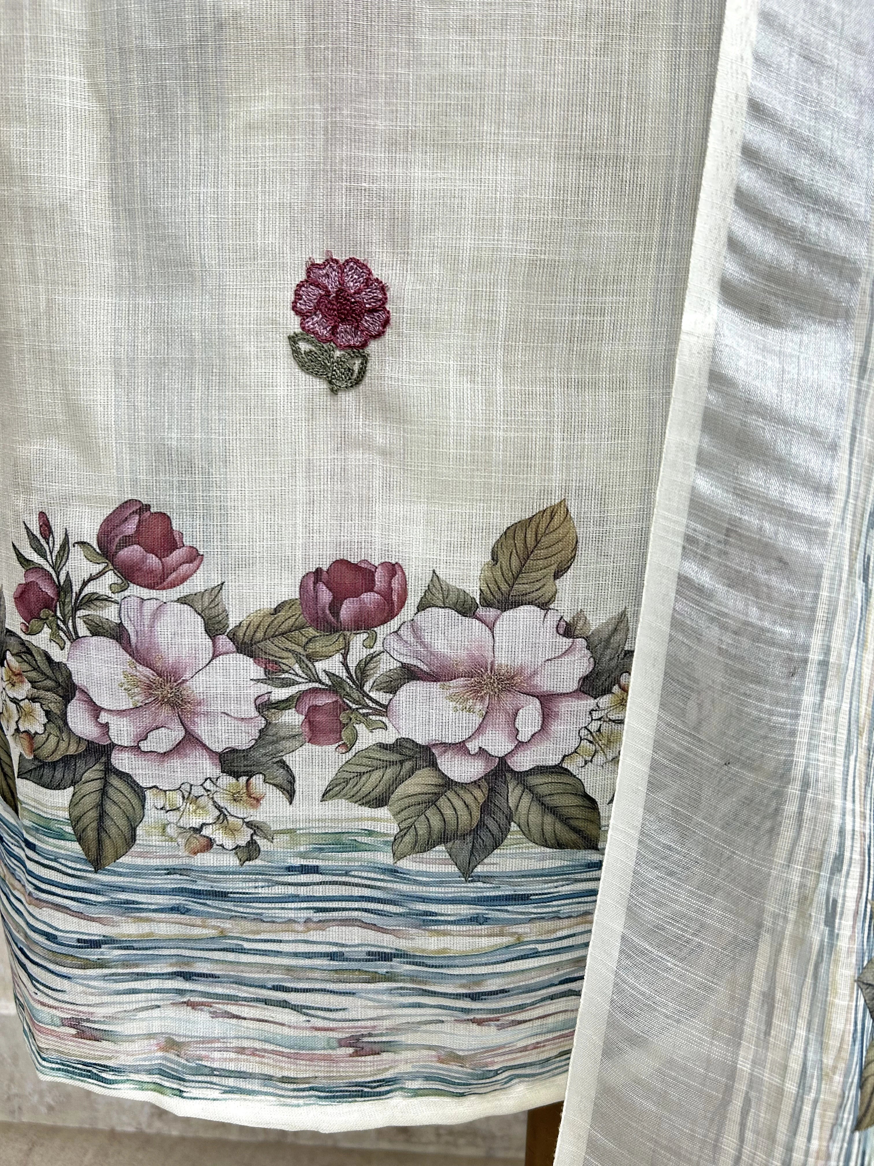 Thread Embroidered Jamdani Linen Unstitched Suit Set