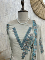 Cotton Unstitched Suit Set With Floral Motif On Hem & Neck