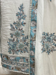 Cotton Unstitched Suit Set With Floral Motif On Hem & Neck