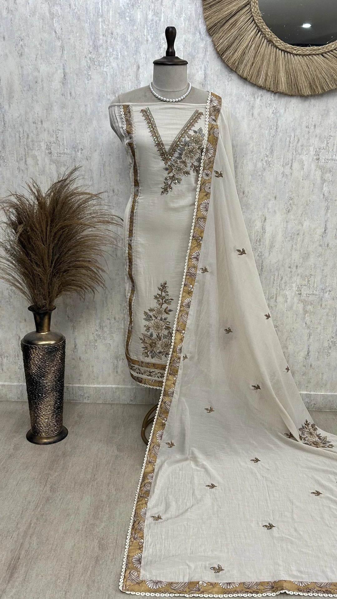 Cotton Unstitched Suit Set With Floral Motif On Hem & Neck