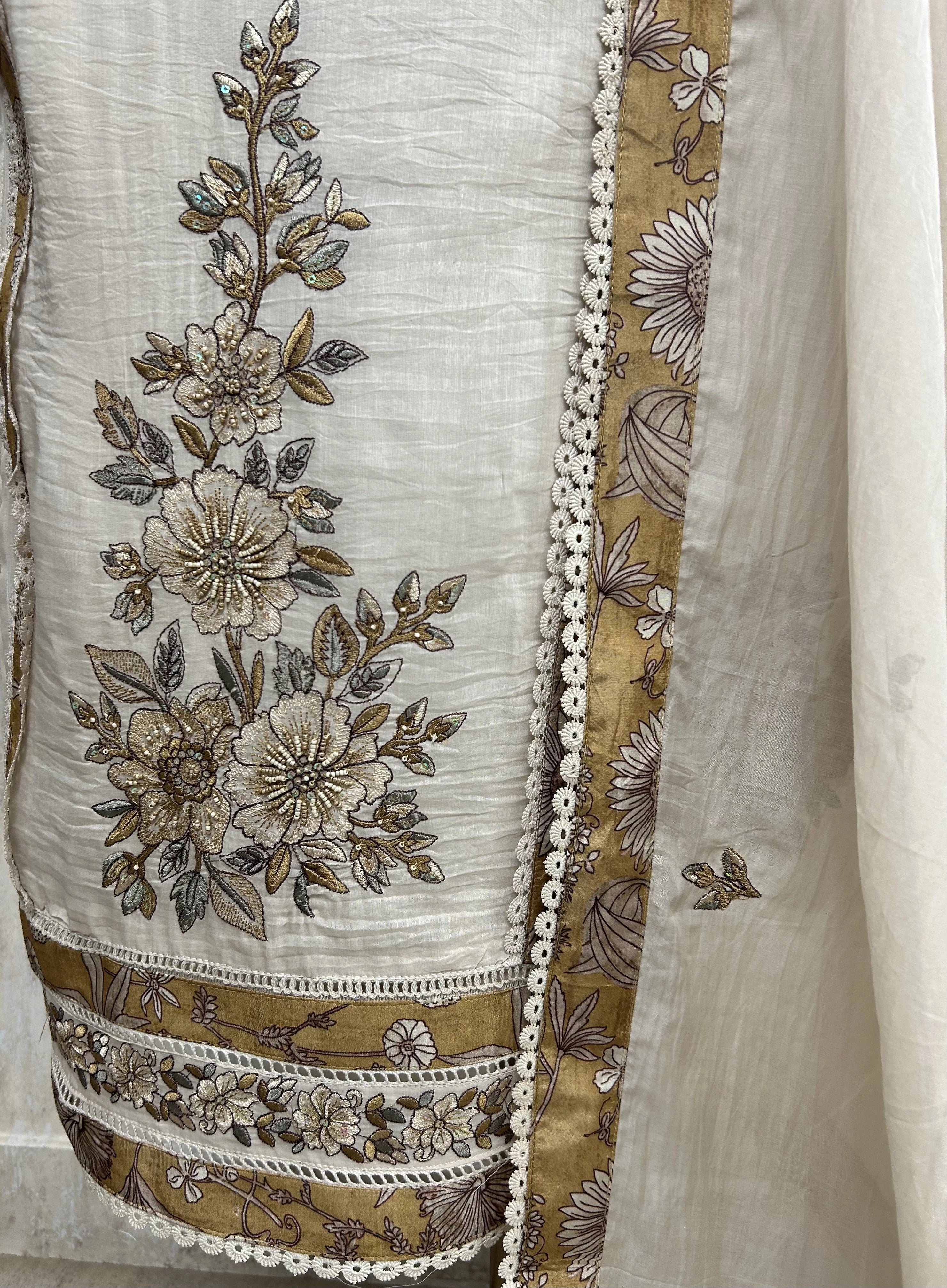 Cotton Unstitched Suit Set With Floral Motif On Hem & Neck