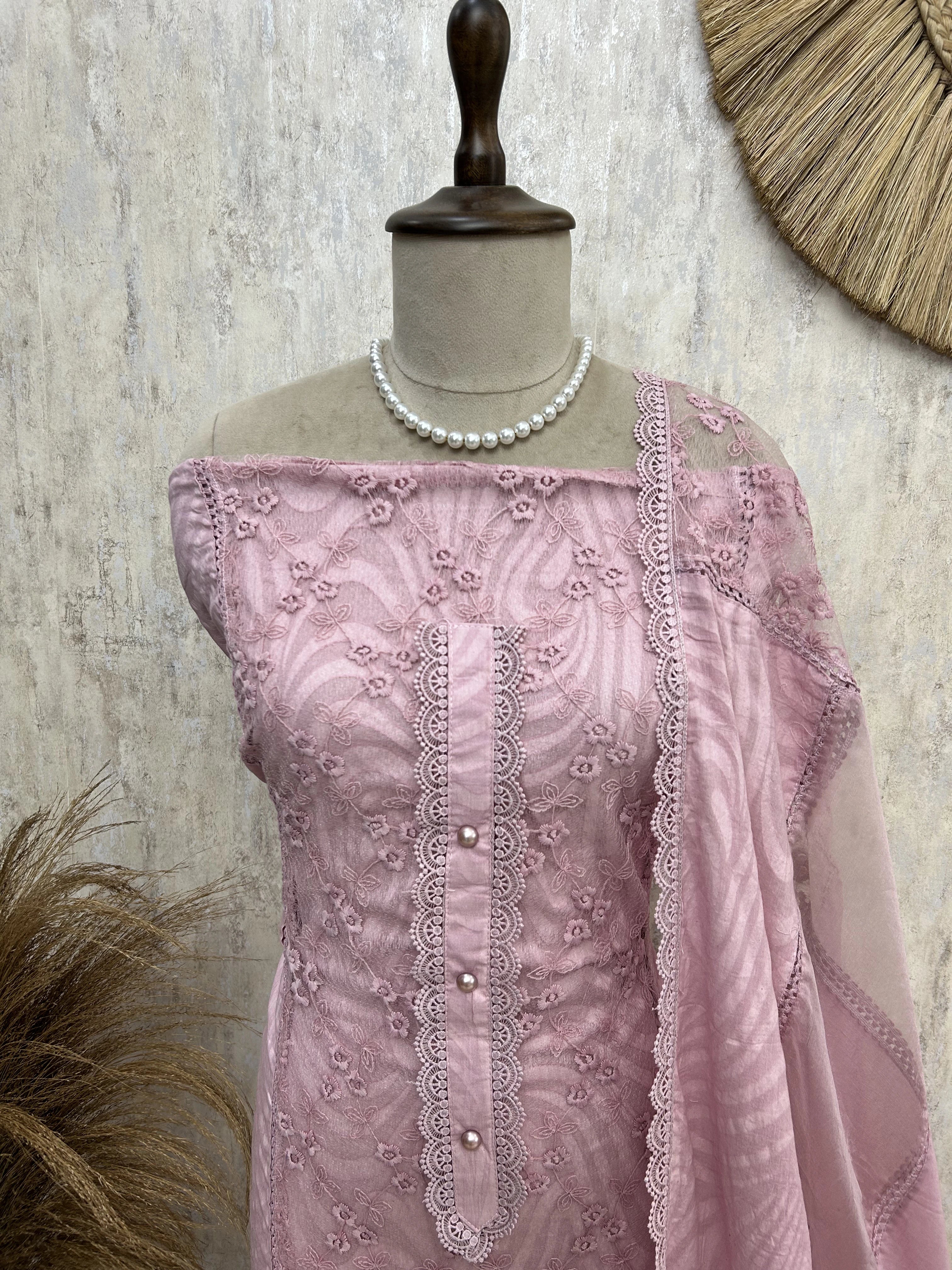 Cotton Base With Organza Panel Unstitched Suit Set