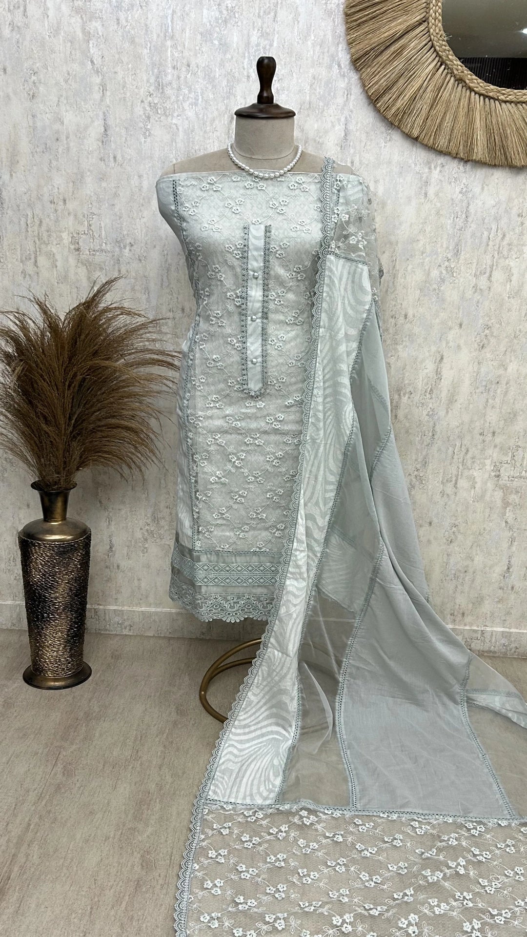 Cotton Base With Organza Panel Unstitched Suit Set