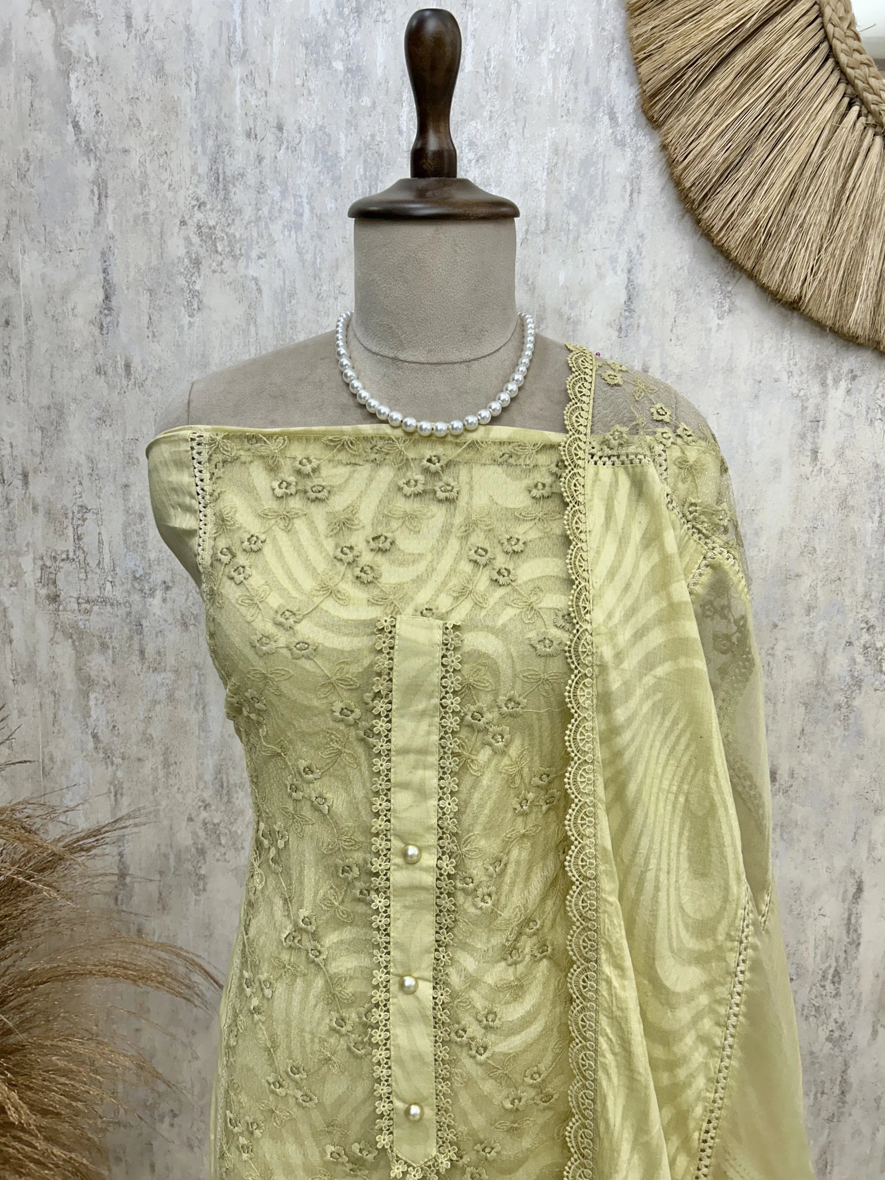 Cotton Base With Organza Panel Unstitched Suit Set